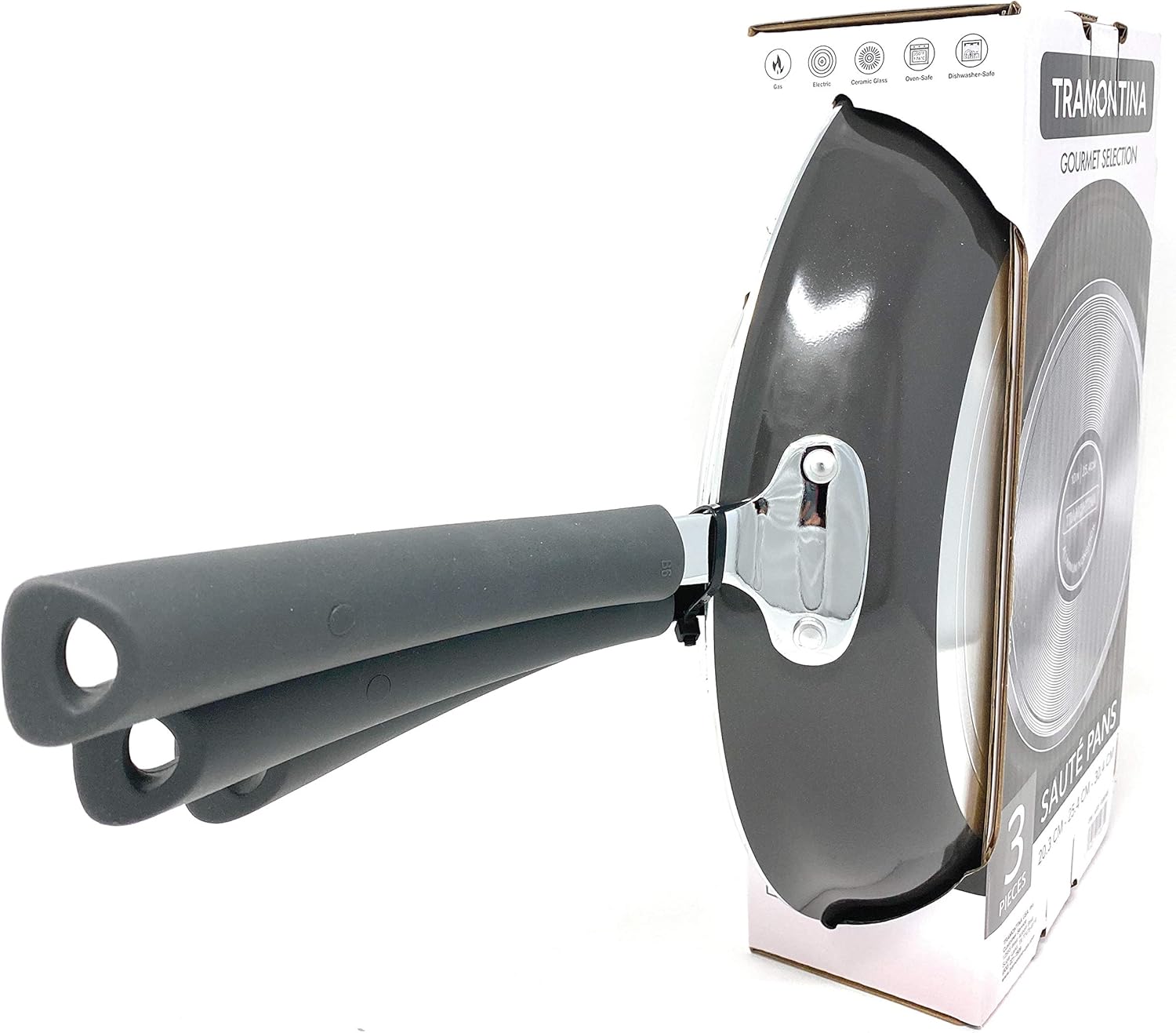 Tramontina Gourmet Selection 3 Piece Set Nonstick Saute Pans (8", 10" & 12") Heavy-Gauge Aluminium High Performance Nonstick Riveted Silicone Handles (Metallic Black)