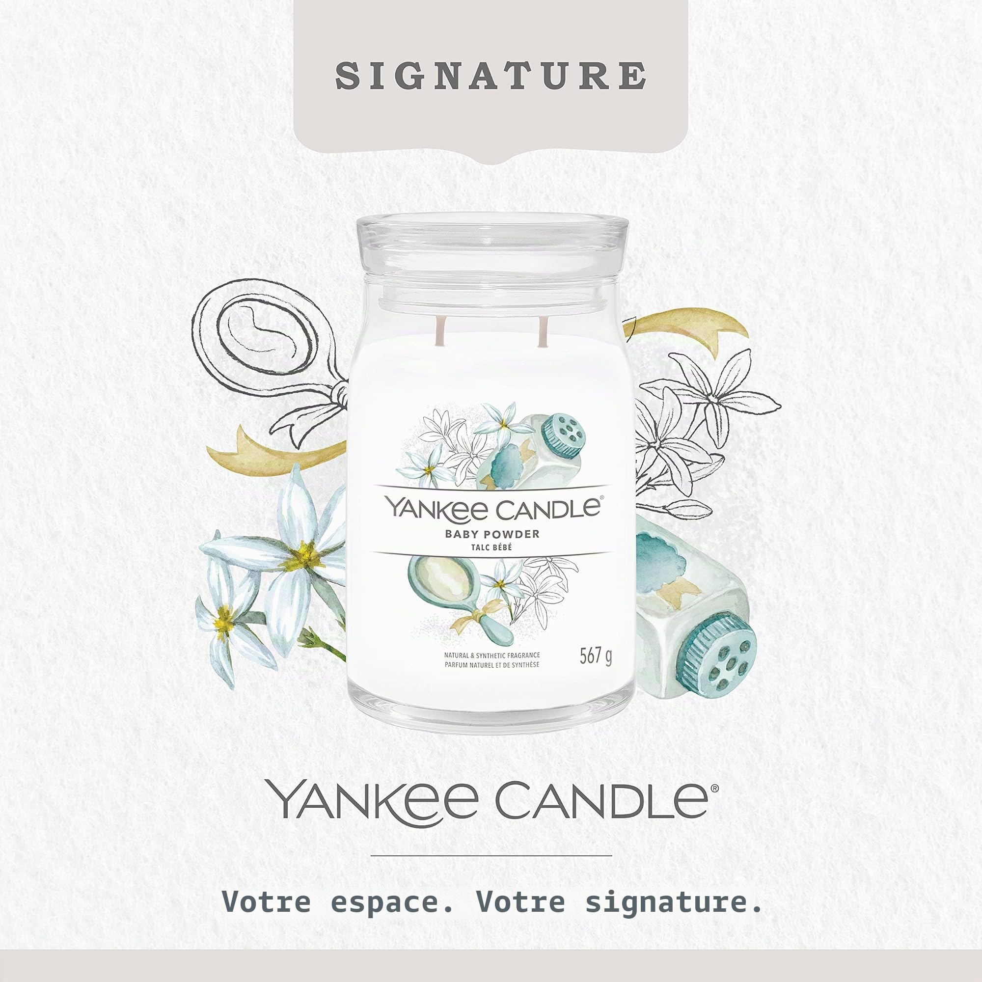Yankee Candle Signature Bougie parfumée | Grande bougie en pot en poudre de bébé avec double mèche | Mélange de cire de soja à combustion longue | Cadeau parfait pour femme
