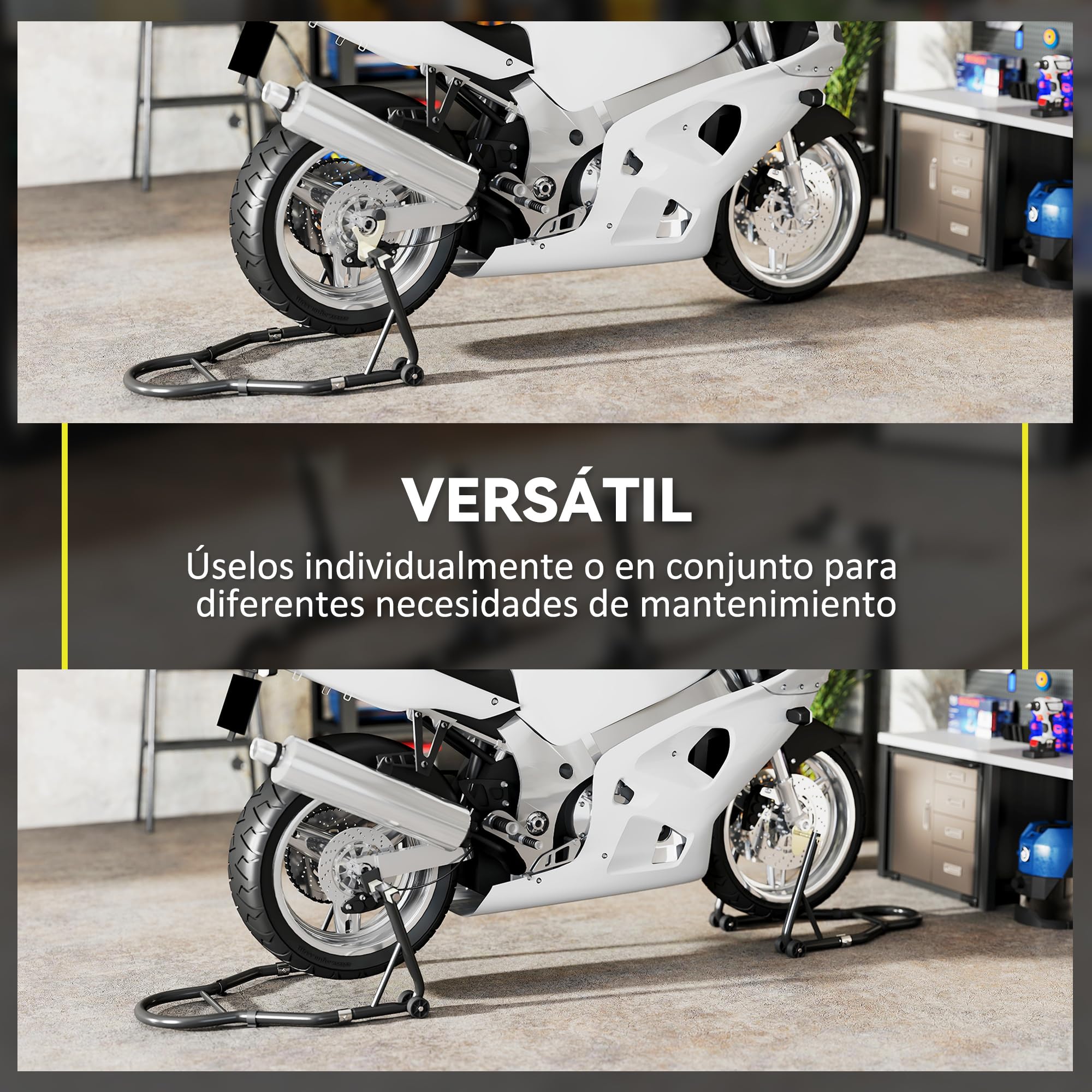 HOMCOM Caballete de Moto, Carga 390 kg, Soporte Delantero y Trasero Universal, Elevador de Moto de Acero con Horquillas Ajustables en U+L, Ruedas y Clips de Sujeción, Negro