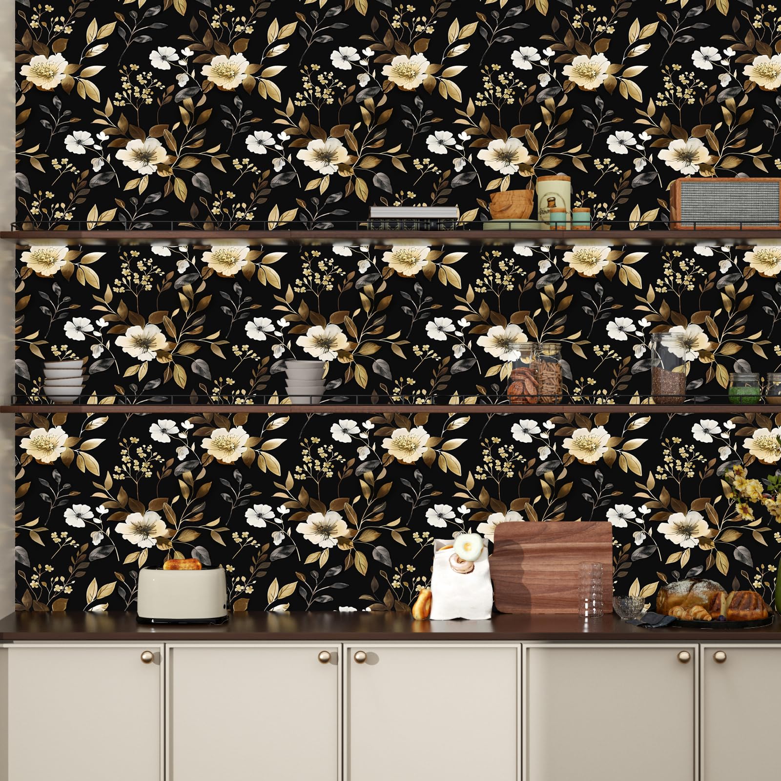 Papier Peint Papier Peint Vintage à Motif Floral Doré Sur Fond Noir Texture  De Vieux Cuir Generative Ai 611202412, image size:1600x1600