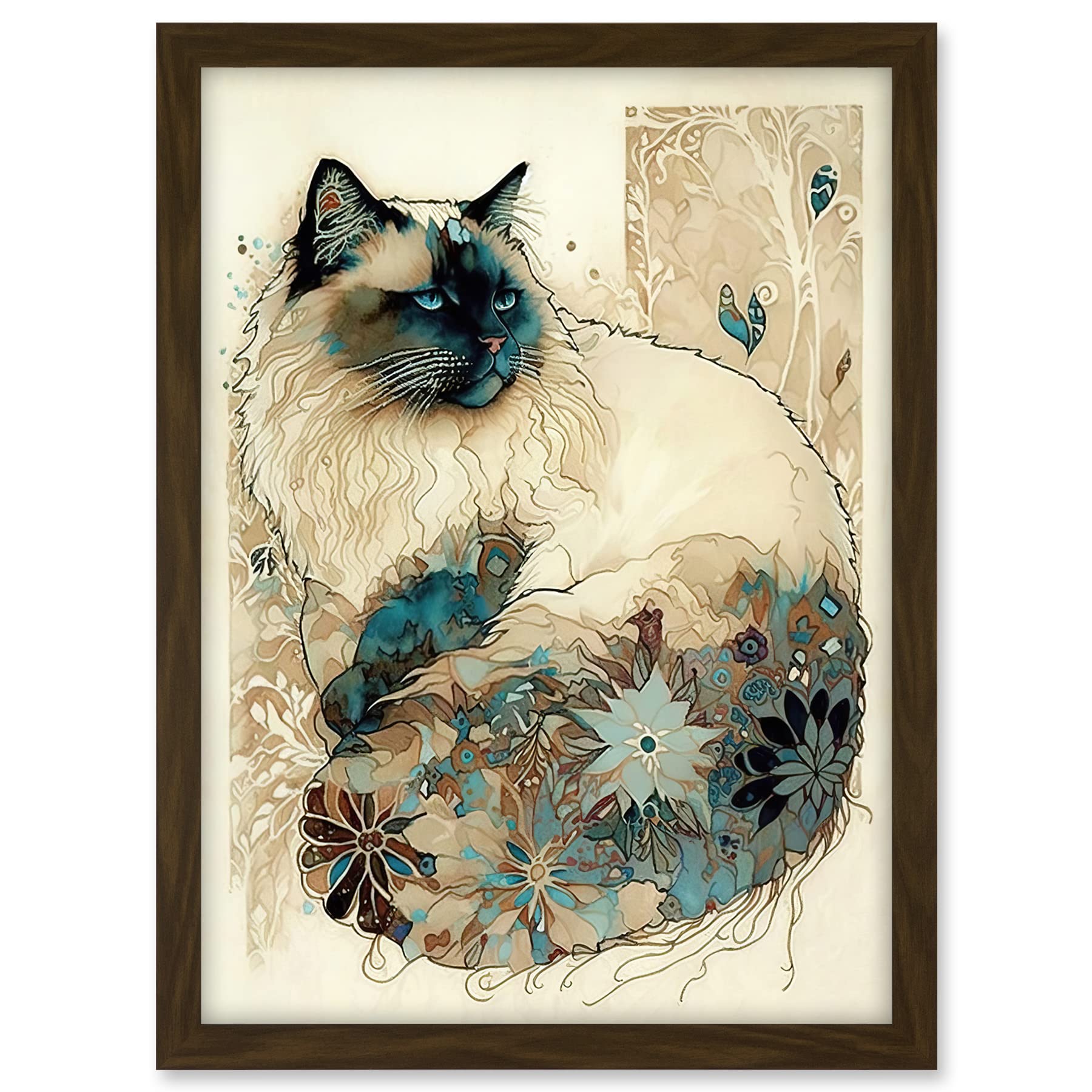 Artery8 Ragdoll Cat with Floral Pattern Tail Modern Watercolour Illustration Artwork Framed A3 Wall Art Print
