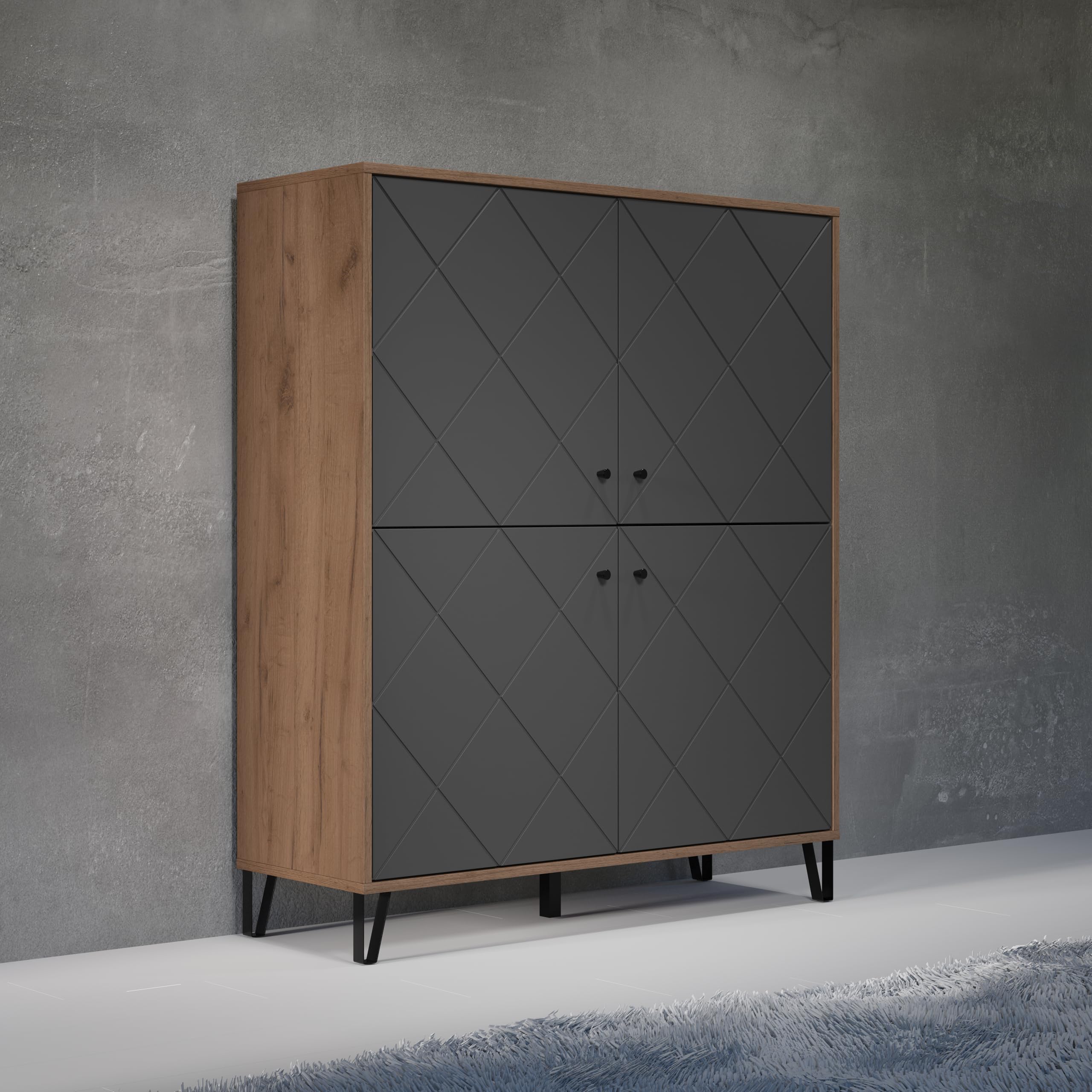 trendteam smart living - Montez - Sideboard - Grau/Eiche - Highboard mit 4 Türen und 4 Einlegeböden - (BxHxT) 123 x 136 x 40 cm - Front mit Rautenoptik, Soft-Close