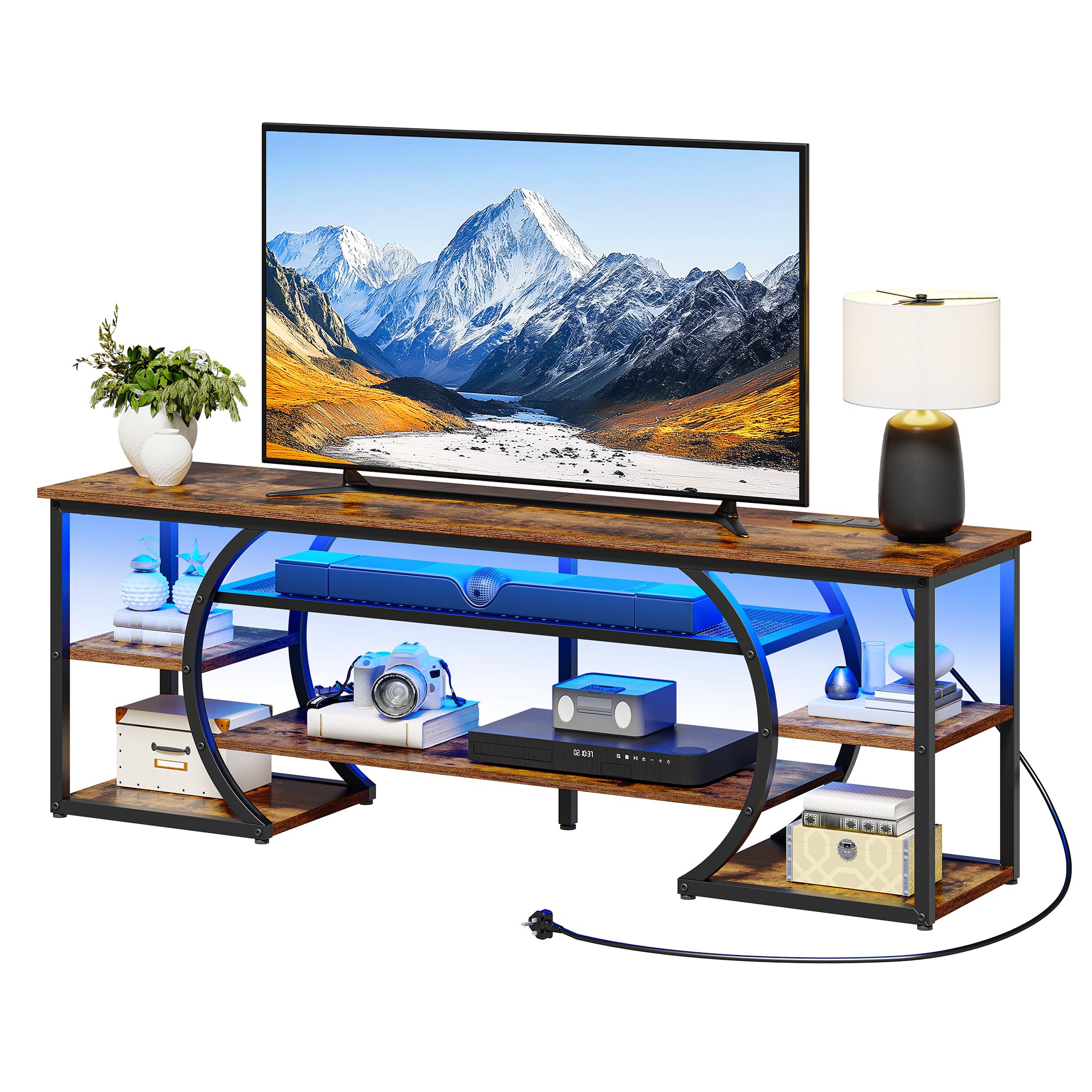 YITAHOME 160cm TV Standschrank mit 2 AC & 2 USB Buchse für Fernseher bis zu 70 Zoll mit 7 RGB LED 22 Modi Lichter Entertainment Center für Wohnzimmer und Schlafzimmer Rustikales Braun