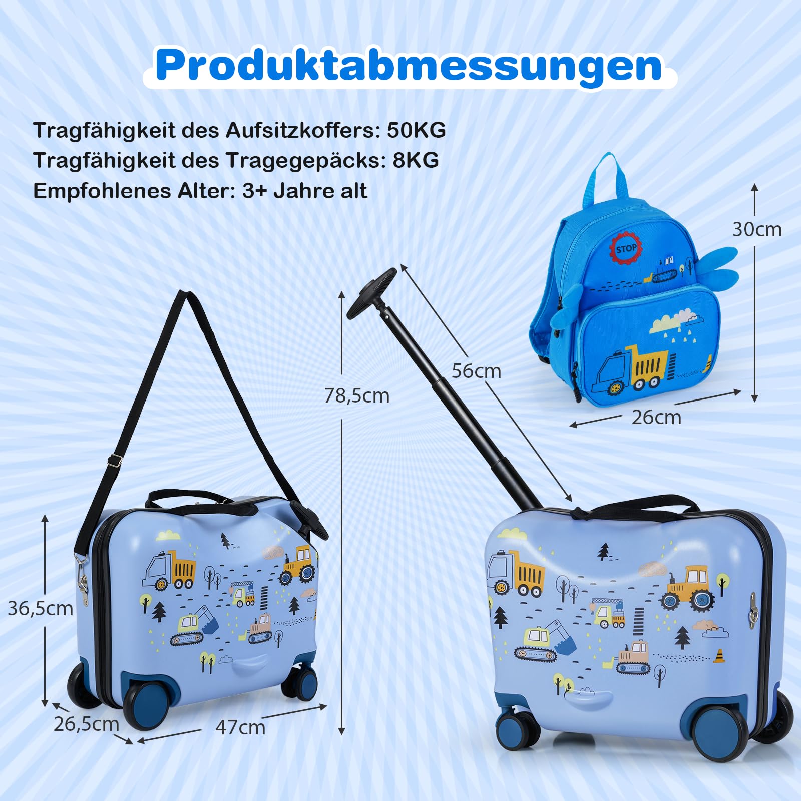 DREAMADE Kinderkoffer zum Draufsitzen, 2 TLG. Kinderkoffer mit Rucksack, Kindergepäck Trolley zum Reisen, Reisetrolley Kinder Trolley Set (18 Zoll +12 Zoll,Blau-Bagger)