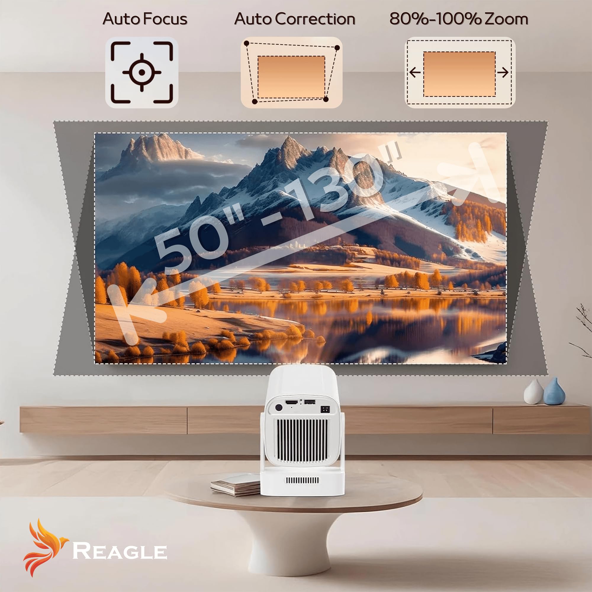 Reagle Mini proiettore Full HD 1080p 4K Upscaling Android WLAN Bluetooth Auto Focus 330 ANSI LED Proiettore Portatile 130 Pollici Keystone HDMI USB Smart TV Wi-Fi Home Cinema Miracast