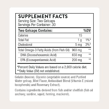 THORNE Prenatal DHA, Omega-3 Fish Oil with EPA & DHA, 60 Softgels