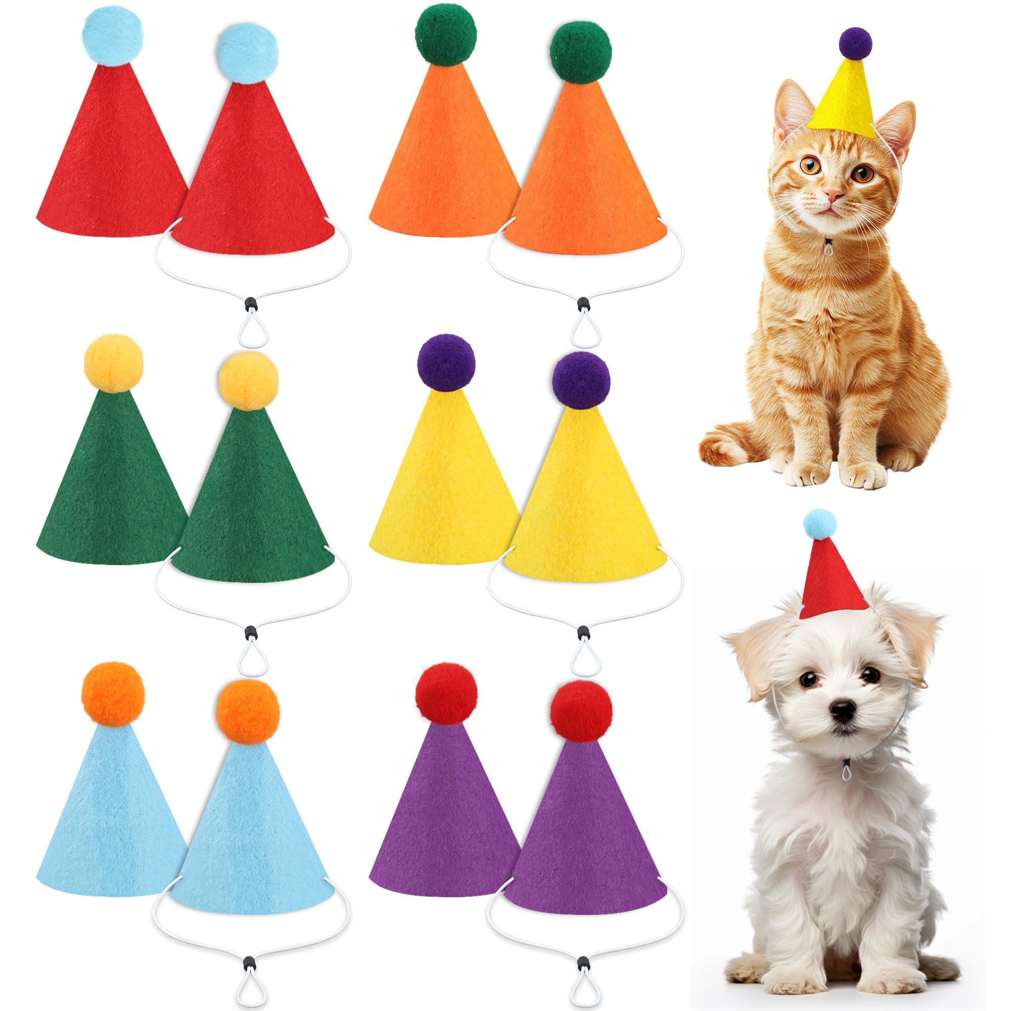 Photo 1 of 12 PCS Mini Party Hats for Stuffed Animals Birthday Felt Cone Hat with Pompom Adjustable Pets Birthday Party Hats for Assorted Animal Dog Cat Rabbit Puppies Costume Accessories Decor