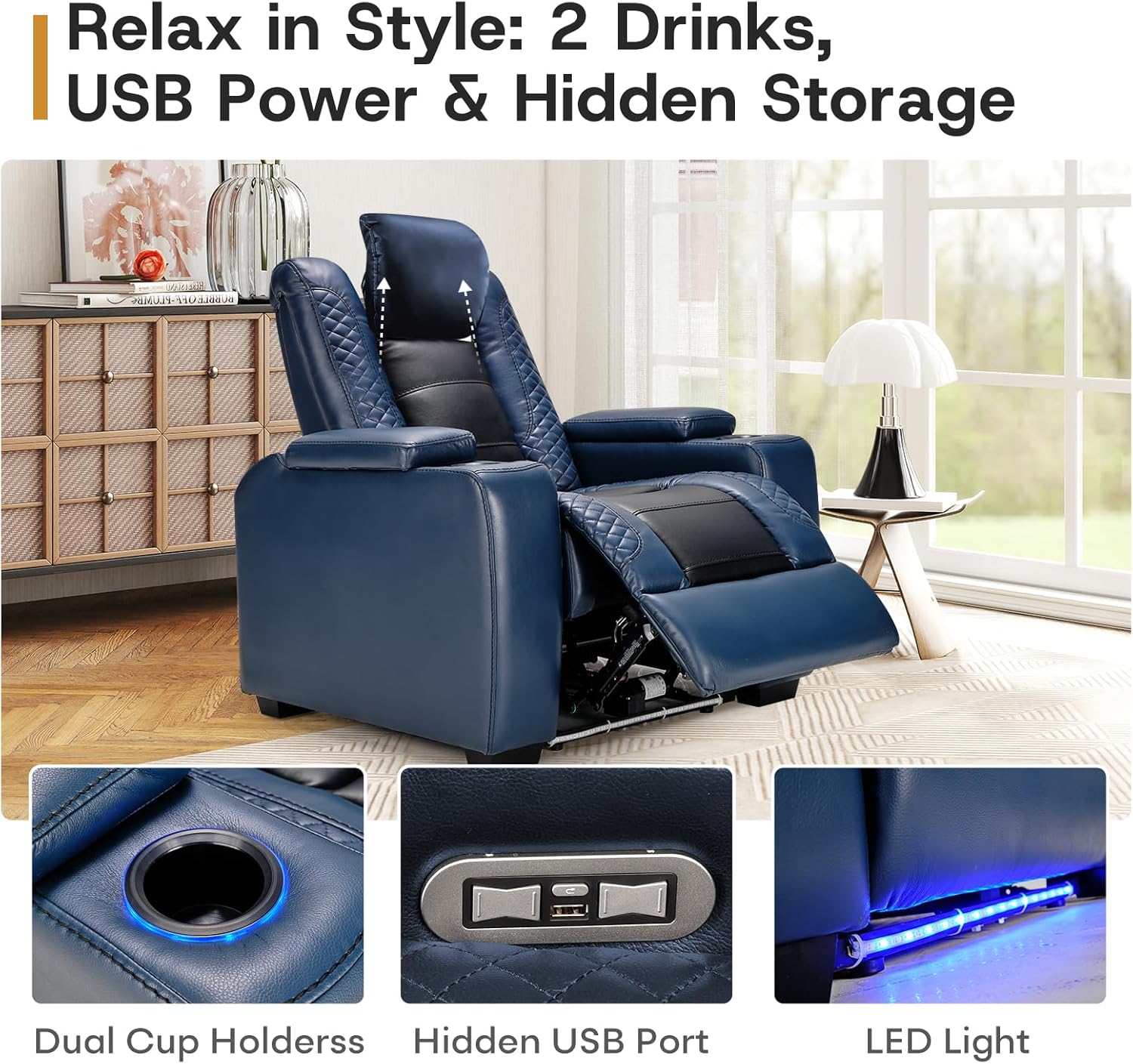 ANJ Power Home Theater Seating, PU Leather Electric Recliner Chair with Adjustable Headrest, Dual Motors Movie Reclining Chairs with LED Lights,USB Port, Cup Holders, Hidden Arm Storage (Blue & Black)