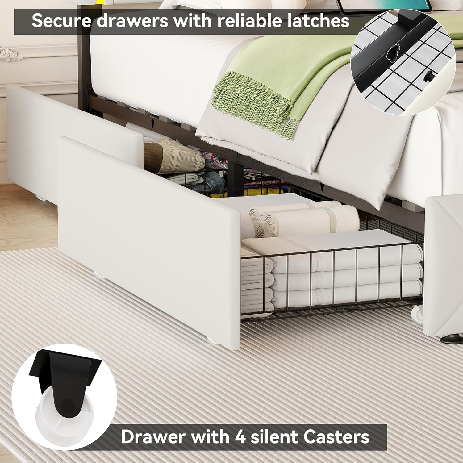 Image showing a close-up of the under-bed storage drawers, highlighting the silent casters and secure latches.