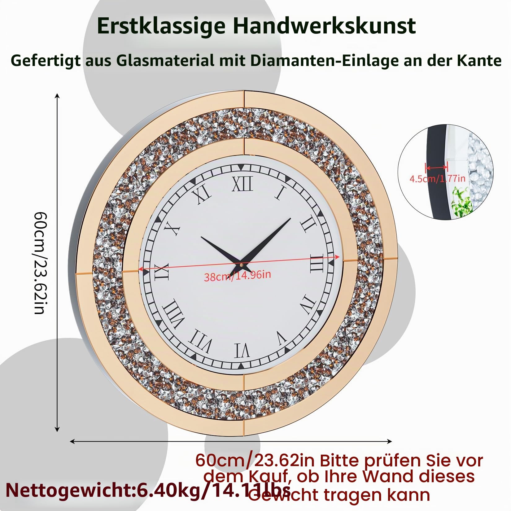 Wanduhr Modern Groß 60cm: Deko Kristall Uhren, Wohnzimmer Wanduhren Tickenfreies Design Römische Ziffern Uhren für Wohnzimmer, Schlafzimmer, Küchen Dekoration Gold