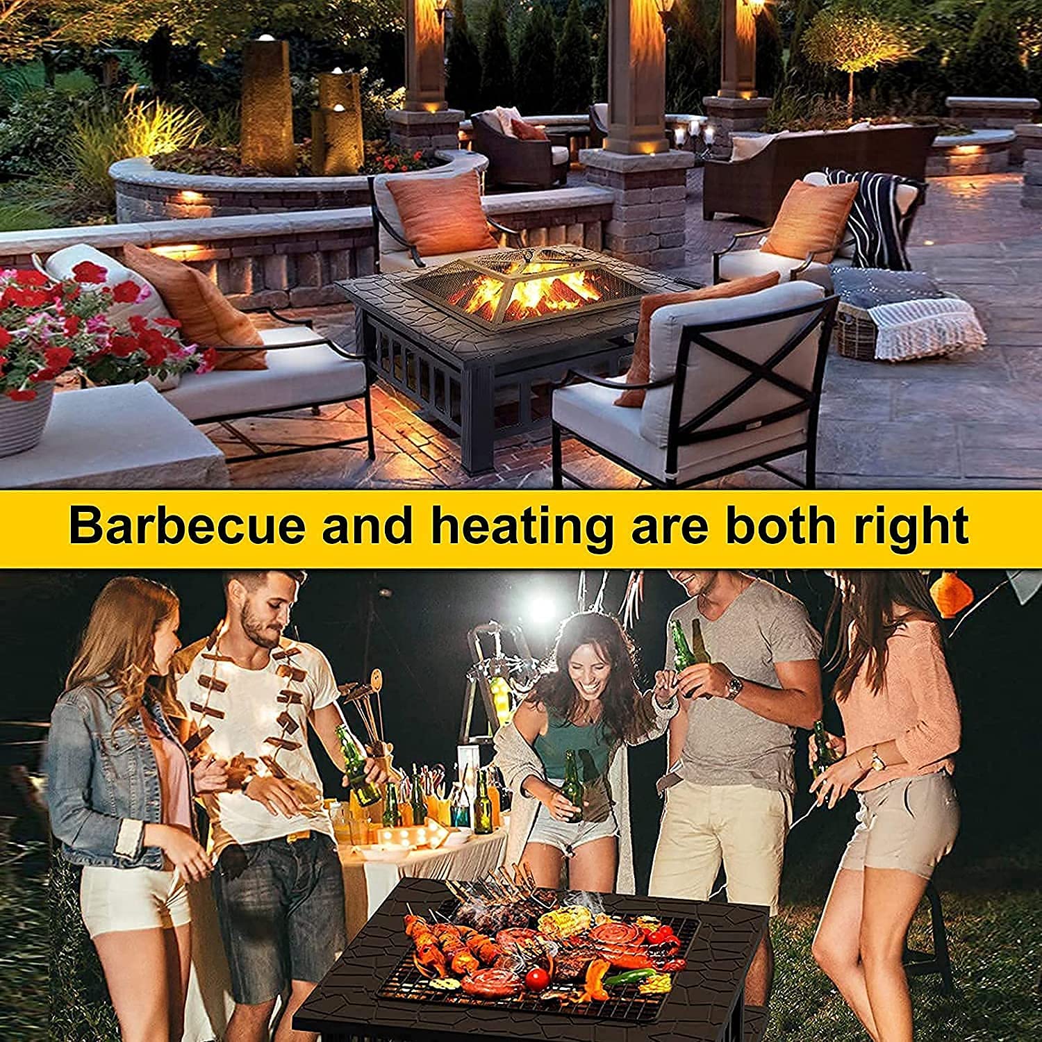Pozzi del Fuoco all'aperto Barbecue, Tavolo da Fuoco nel Cortile, Stufa da Giardino nel Patio, Camino a Legna, Copertura per Schermo Scintillante, Poker, Copertura Antipioggia