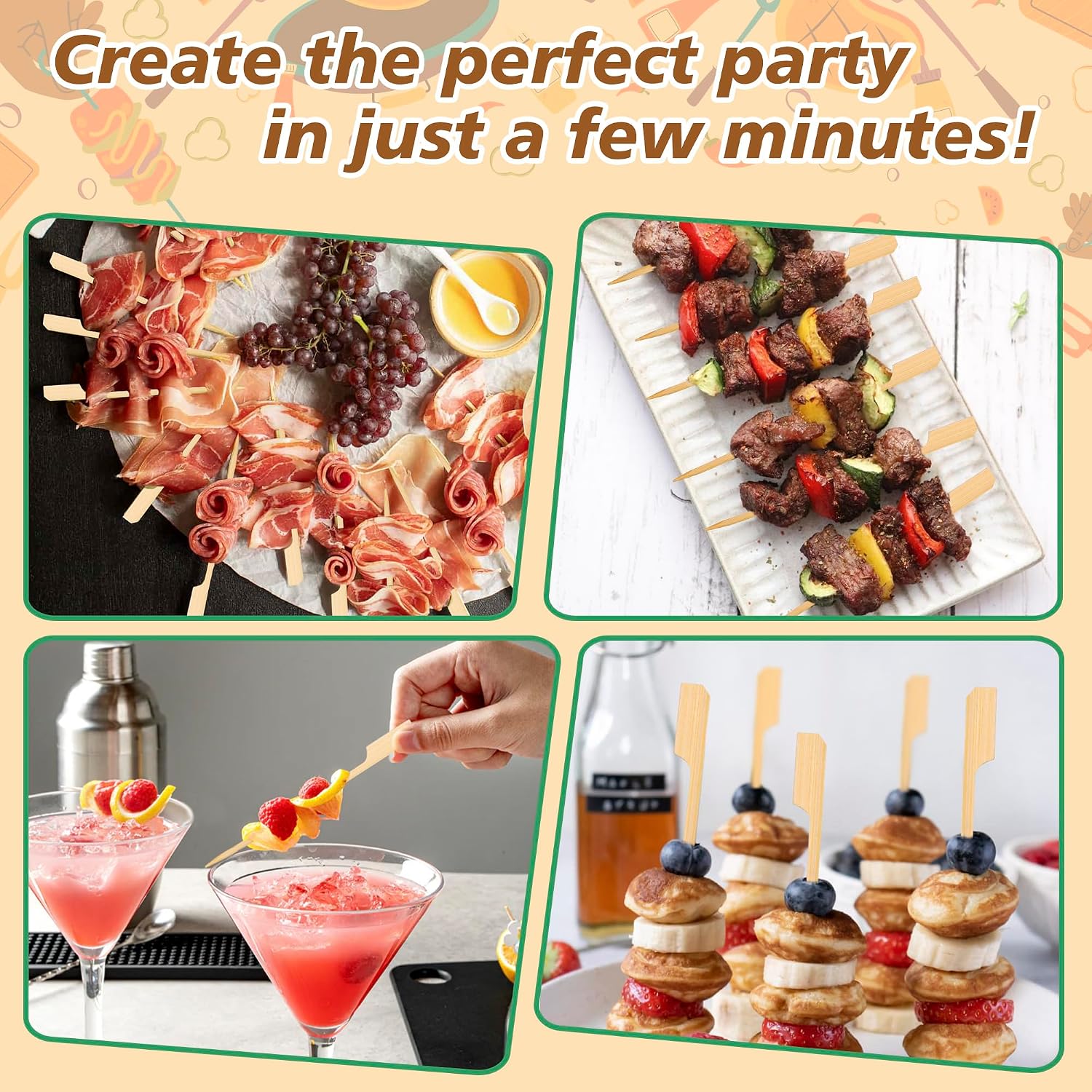 6 inch Bamboo Skewers for Appetizers, Fruit Kabob, Wooden Food Cocktail Picks, Charcuterie Wood Sticks for Grilling, Caprese, BBQ Snacks, Sandwich Toothpicks, with Flat Handle Anti-Roll - 200 pcs