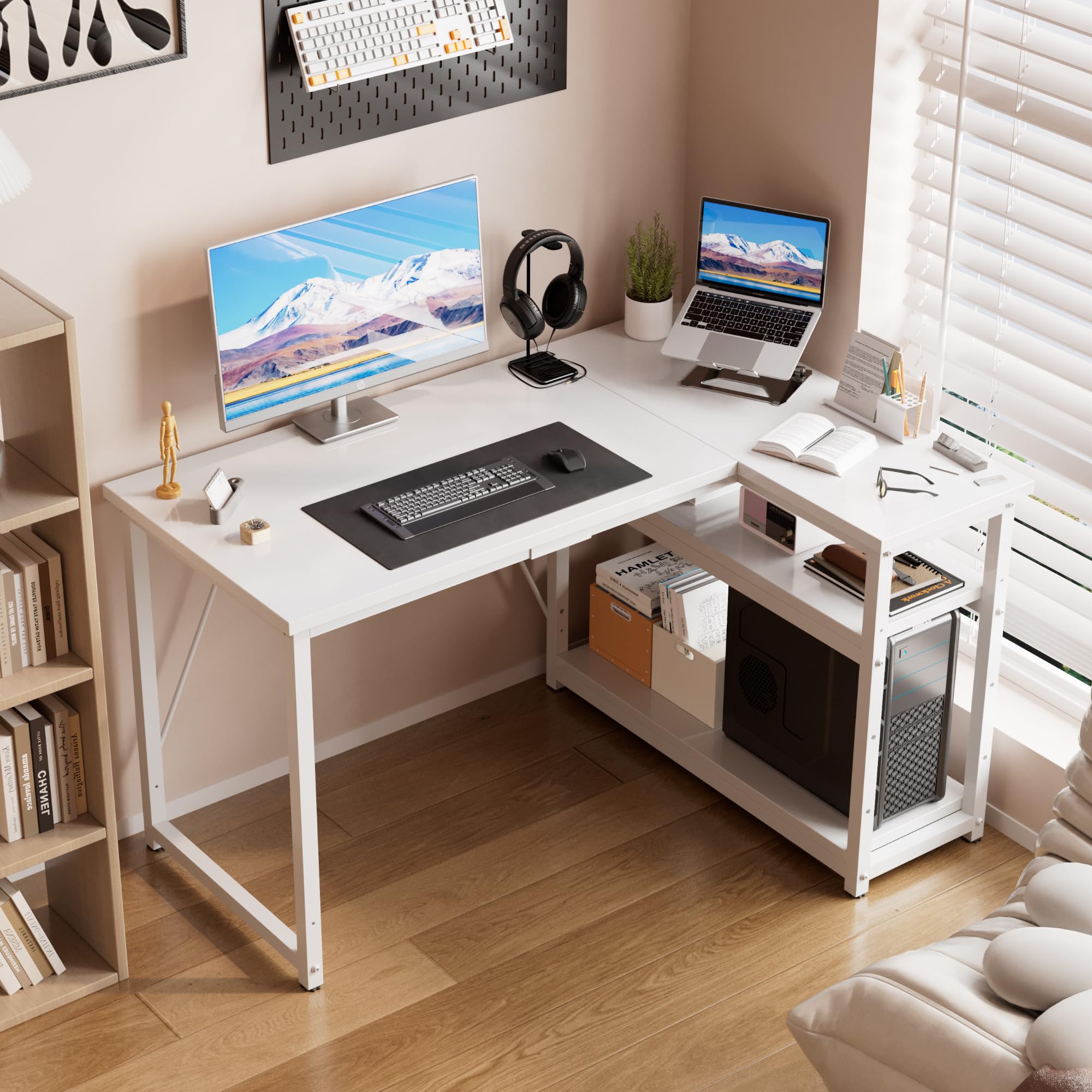 JUMMICO Scrivania Angolare a L per Computer con Ripiani e Divisori - Compatta per Studio, Lavoro e Gaming, Ideale per Camera da Letto e Ufficio - Design Moderno e Salvaspazio