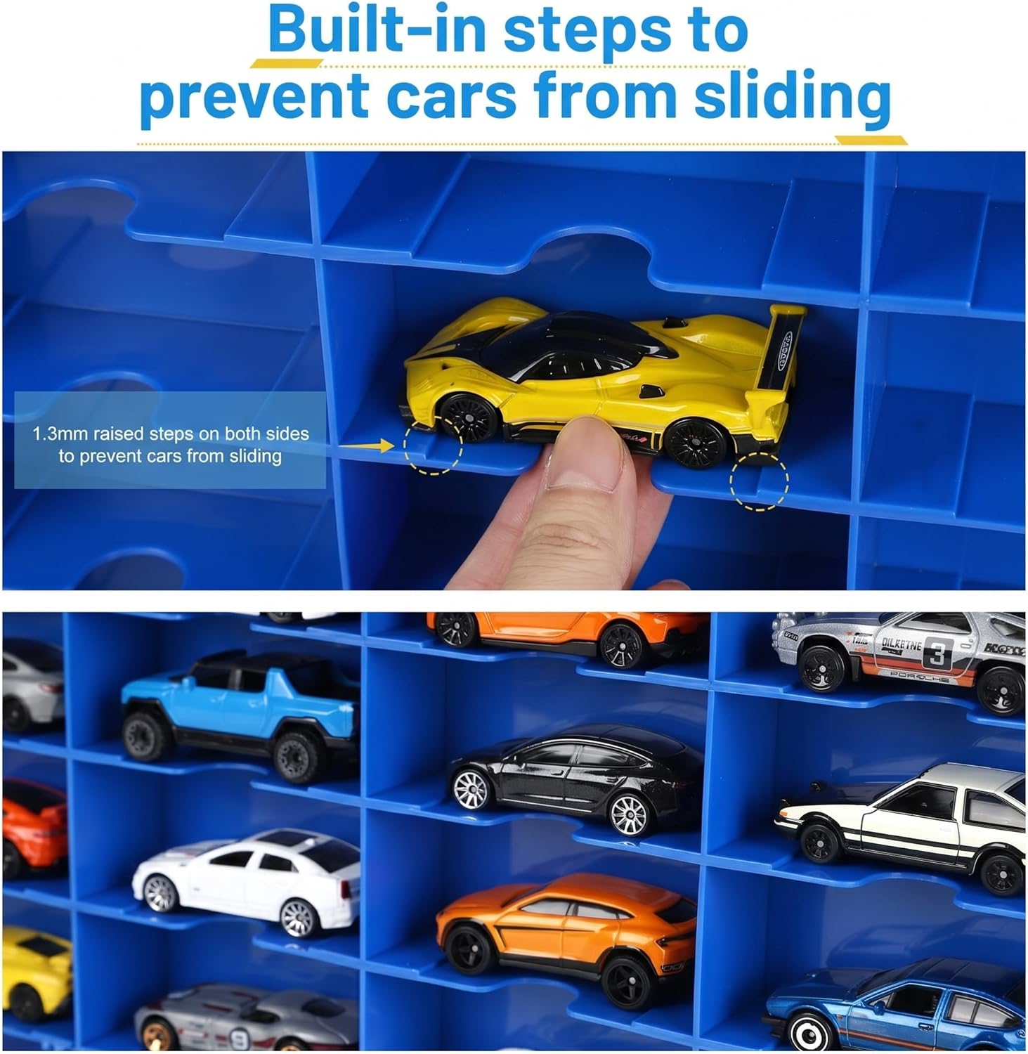 Saichotoy Storage Case for Hot Wheels - Carrying Display Case for 1/64 Scale Toy Cars, 48-Slot Double-Sided Transparent Organizer with Adjustable Dividers (Blue, 2 Packs)