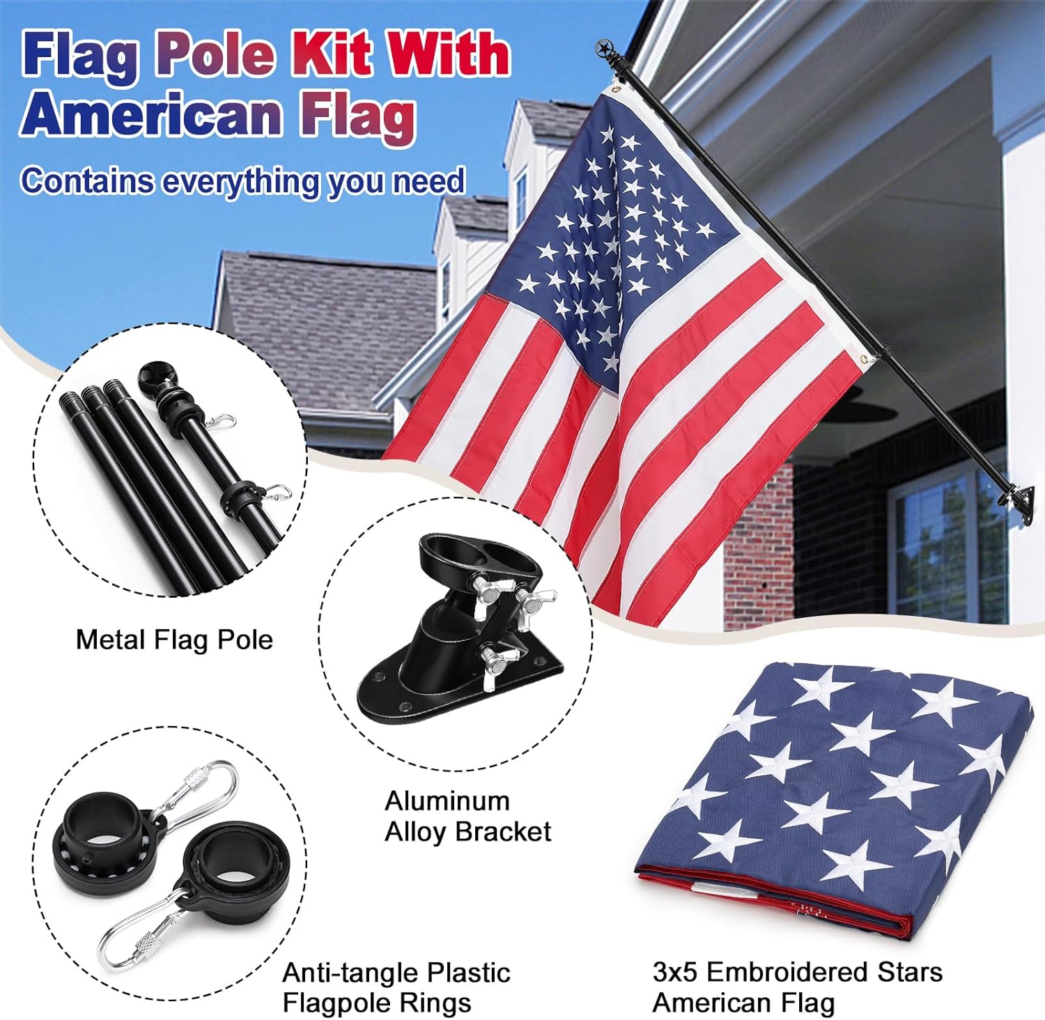COCONUT Flag Pole, 5 FT Tangle Free Flag Pole Kit with 3x5 Embroidered USA Flag, American Flag with Pole & Heavy Duty Flagpole Holder for Outside House