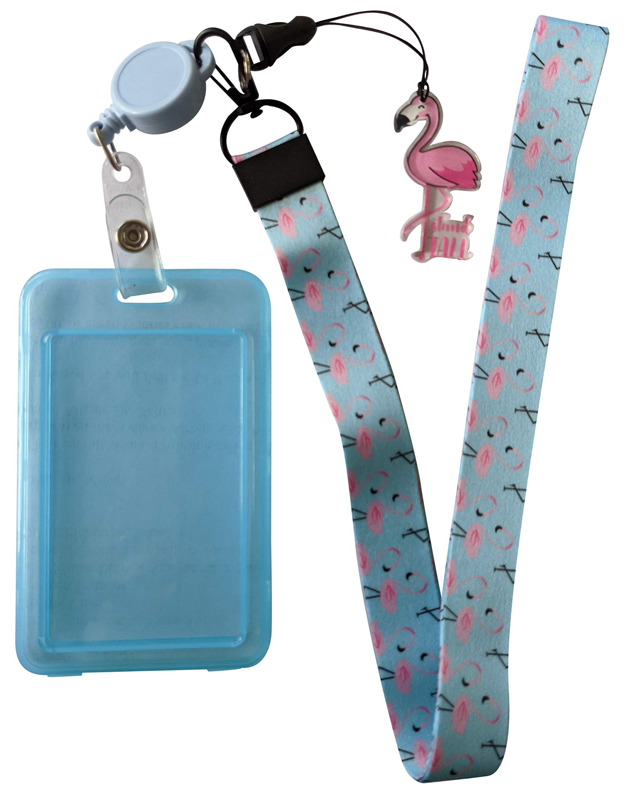 Pink Flamingo Print Lanyard w/ID Badge Holder and Charm (Blue Retractable)