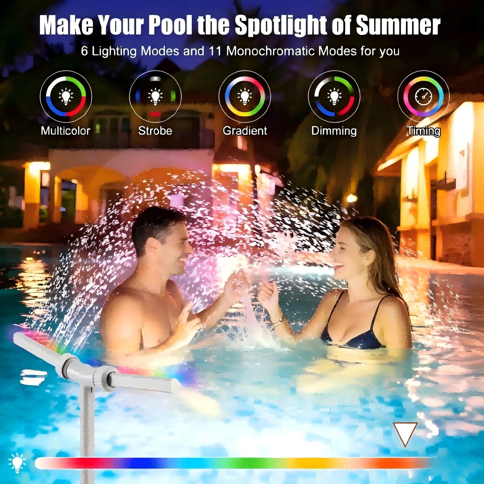 Fuente Solar LED para Piscinas – Doble Chorro 360° Ajustable, RGBIC, Carga Solar+USB, Mando+App, para Piscinas Sobresuelo y Enterradas