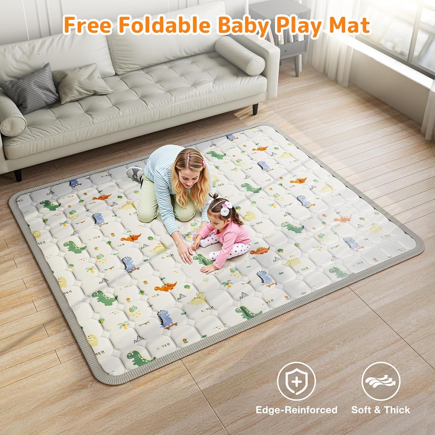 Laufstall Baby Faltbar Easy Fold, 150 x 150 x 70 cm | Mit Rutschfester Matratze, Dinosaurier-Reisetasche, 4 Haltegriffen, 50 Bällen, 300D-Oxford-Stoff, Indoor/Outdoor