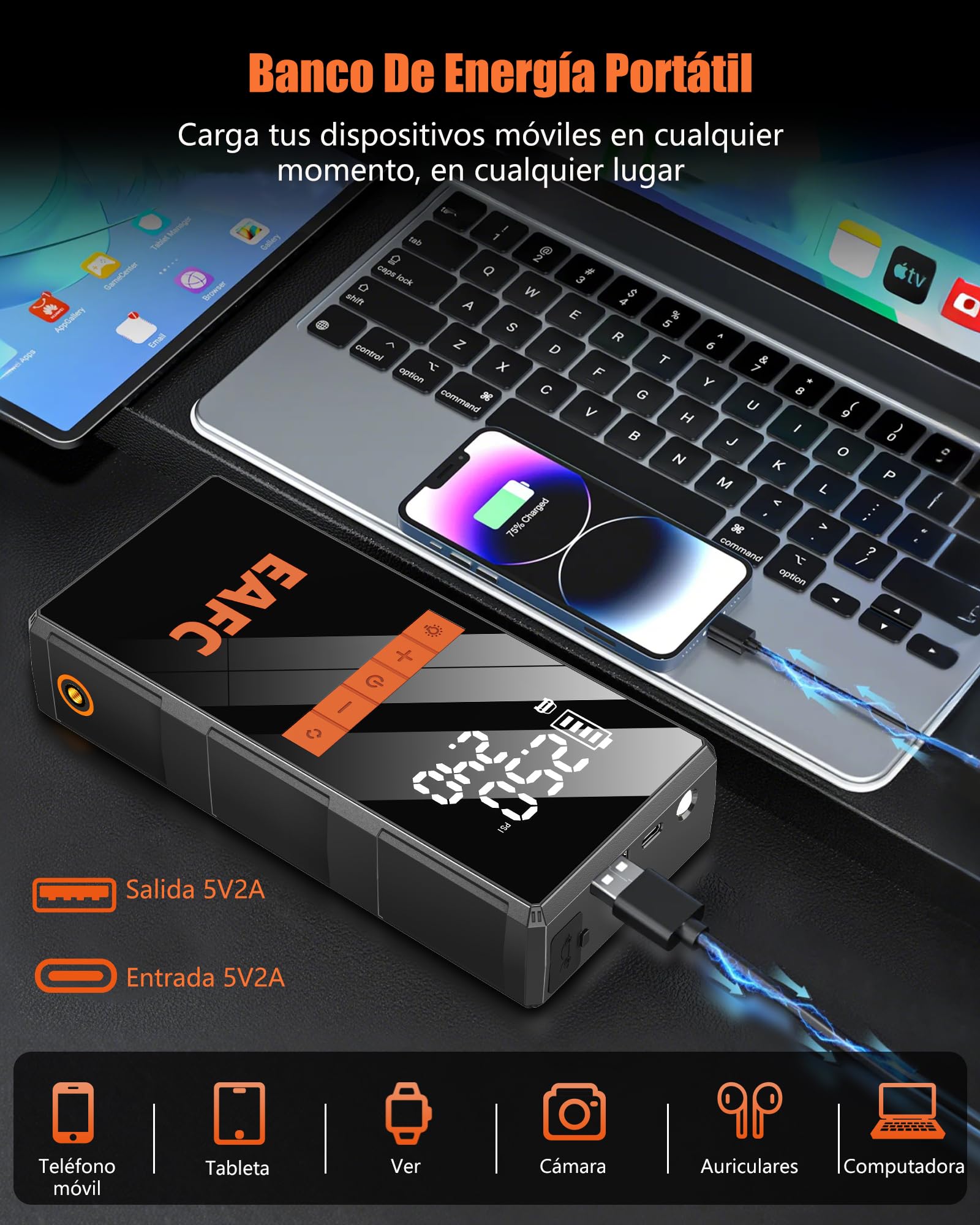 4000A Arrancador de Baterias de Coche con Compresor 150 PSI, Arrancador de Coches Portatil 12V (hasta 10L Gasolina/5L Diesel), Arrancador Bateria Moto con Pantalla LED, LED, USB-C, Bolso de Mano