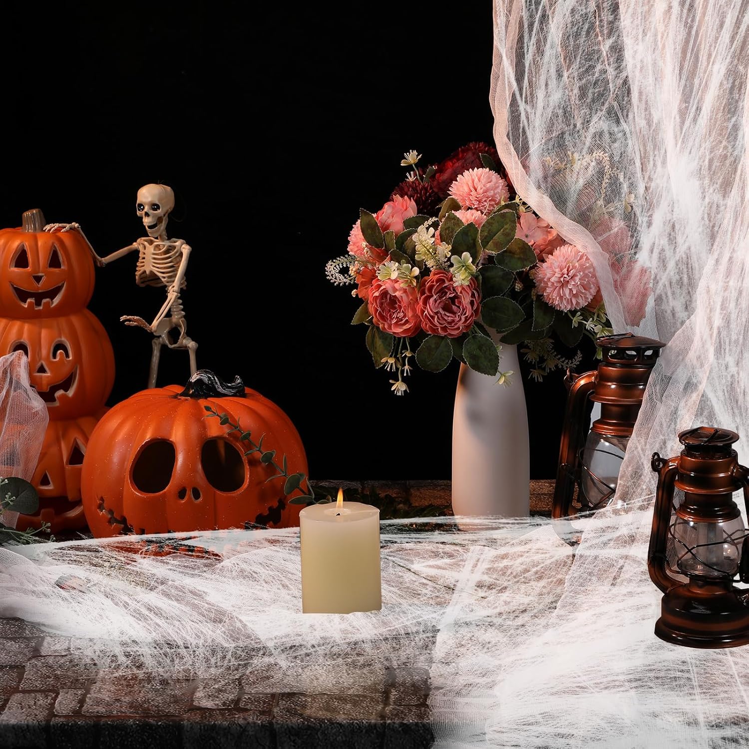 Nuanchu 7 Pcs Halloween Grey Brick Wallpaper and Creepy Cloth Set Included 2 Sheet 4.5x9ft Peel and Stick Wallpaper 5 Sheet 2.5x5.9ft Spider Web Decor for Halloween Theme Party Decoration Supplies