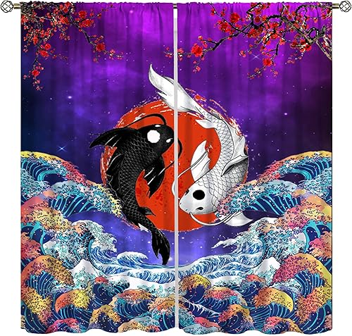 Miniatura 9 de Cortinas de pez Koi para dormitorio, estilo japonés Yin Yang con ondas grandes, tratamientos de ventana de flor de cerezo para sala de estar, juego