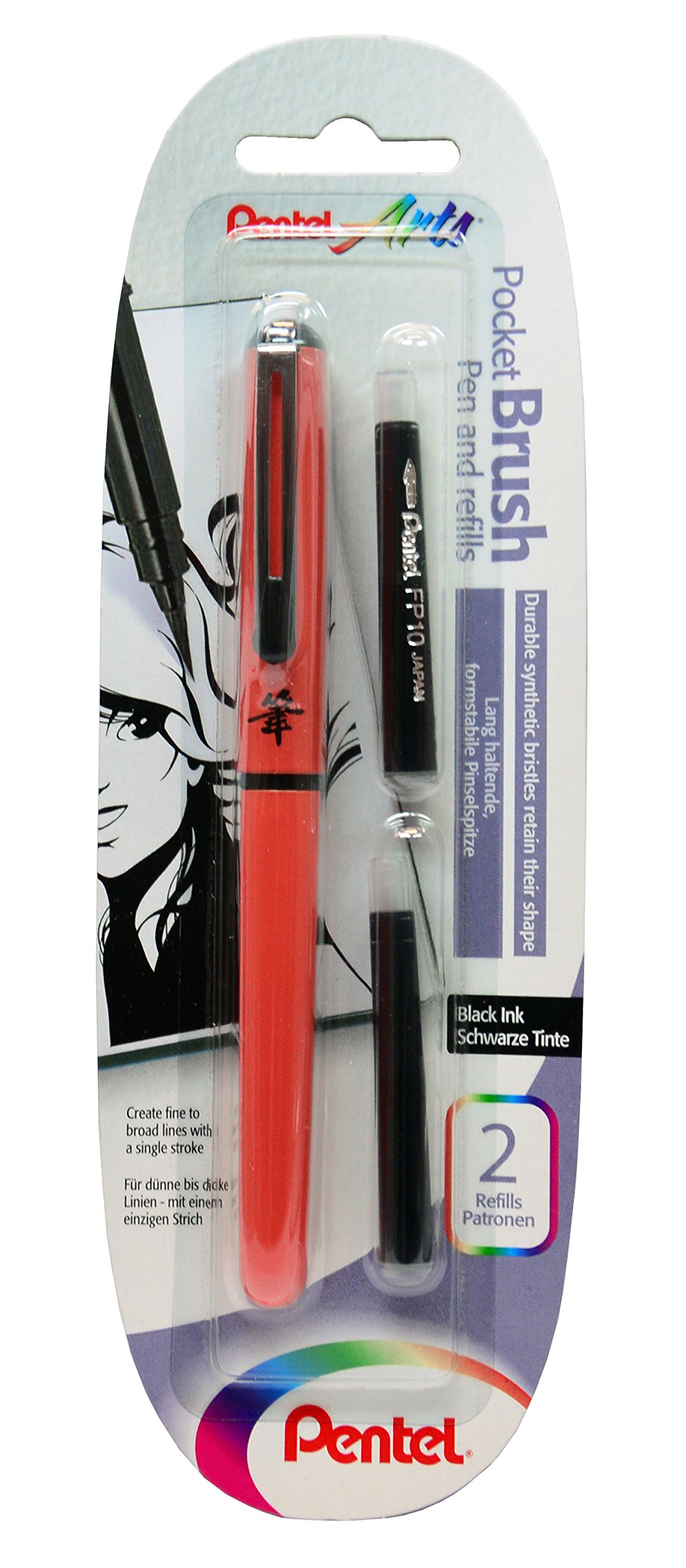 Pentel XGFKPF/FP10 Pędzel kieszonkowy Blister z 2 wkładami, pomarańczowe etui, czarny tusz