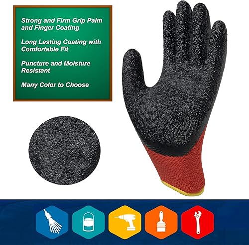 Miniatura 3 de Guantes de trabajo de seguridad con revestimiento de látex, paquete de 8 pares, agarre firme, uso general, reparación y construcción, para hombres y