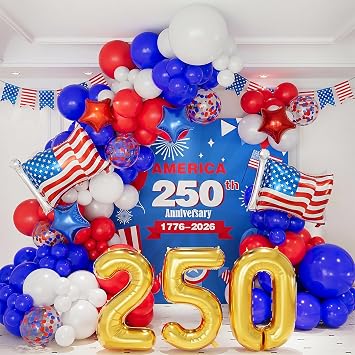 146PCS Red White and Blue Balloons Arch Kit for Americas 250th Anniversary, Patriotic Balloons with Flag & 250 Number Foil Balloon for 4th of July Independence Day Decorations, Memorial Day
