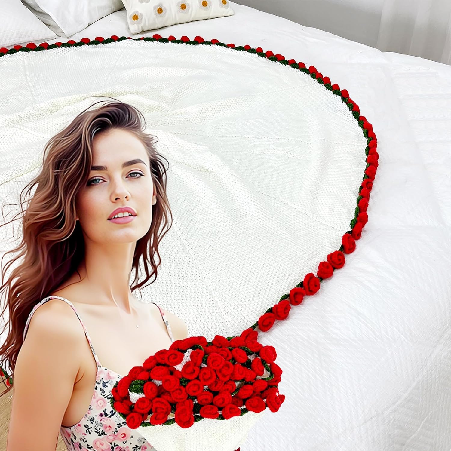 Crochet Flower Blanket, 43'' Crochet Flowers Bouquet Blanket Gifts for Women Birthday Unique, Soft Knit Throw Blanket Home Decor, Romantic Rose Blankets for Valentine's Day, Christmas,Anniversary(Red) - Image 9