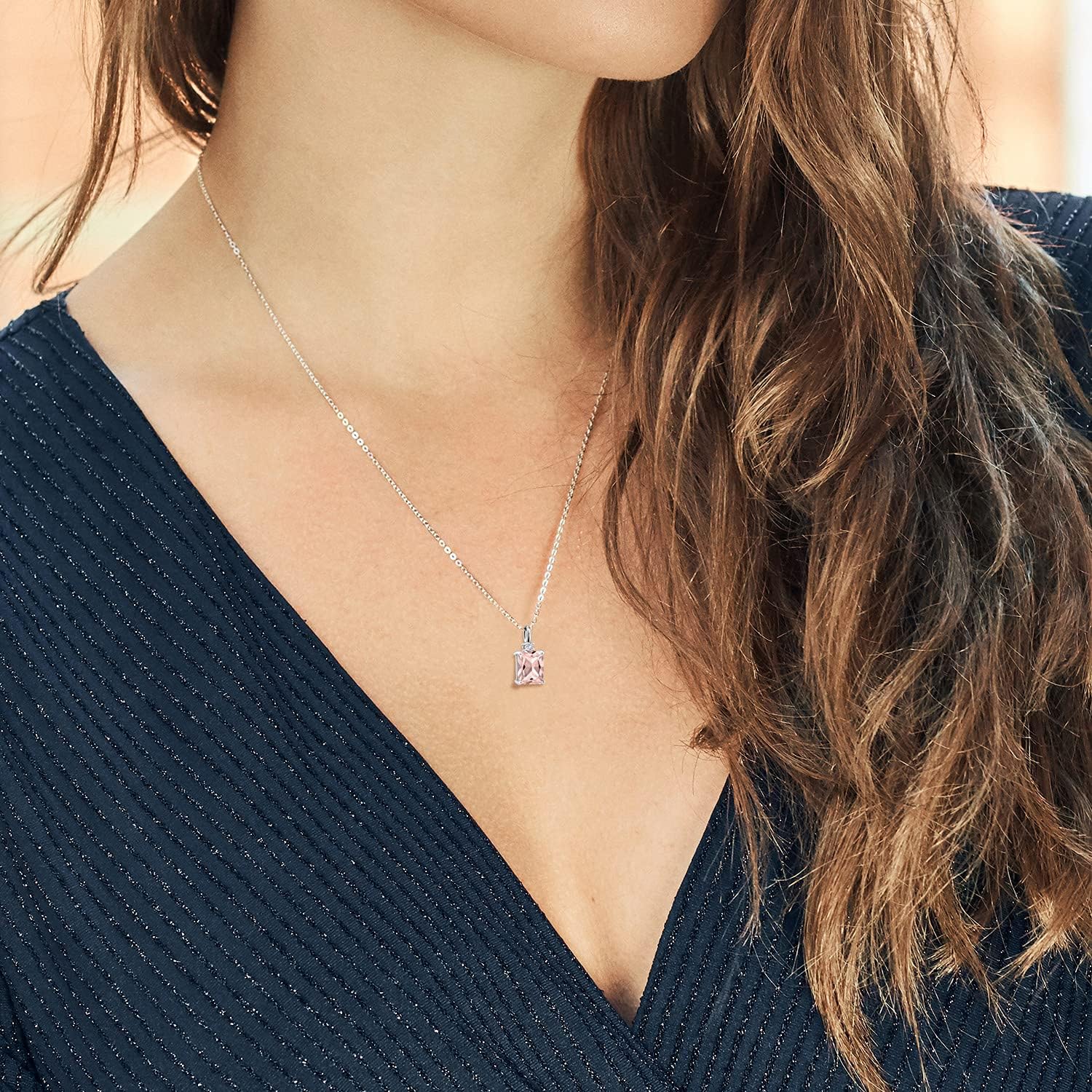 Gem Stone King 925 Sterling Silver Gemstone Birthstone and White Created Sapphire Pendant Necklace for Women | Emerald Cut 10X8MM and Round 2MM | With 18 Inch Chain | Fine Jewelry for Her Mom Wife - Image 3