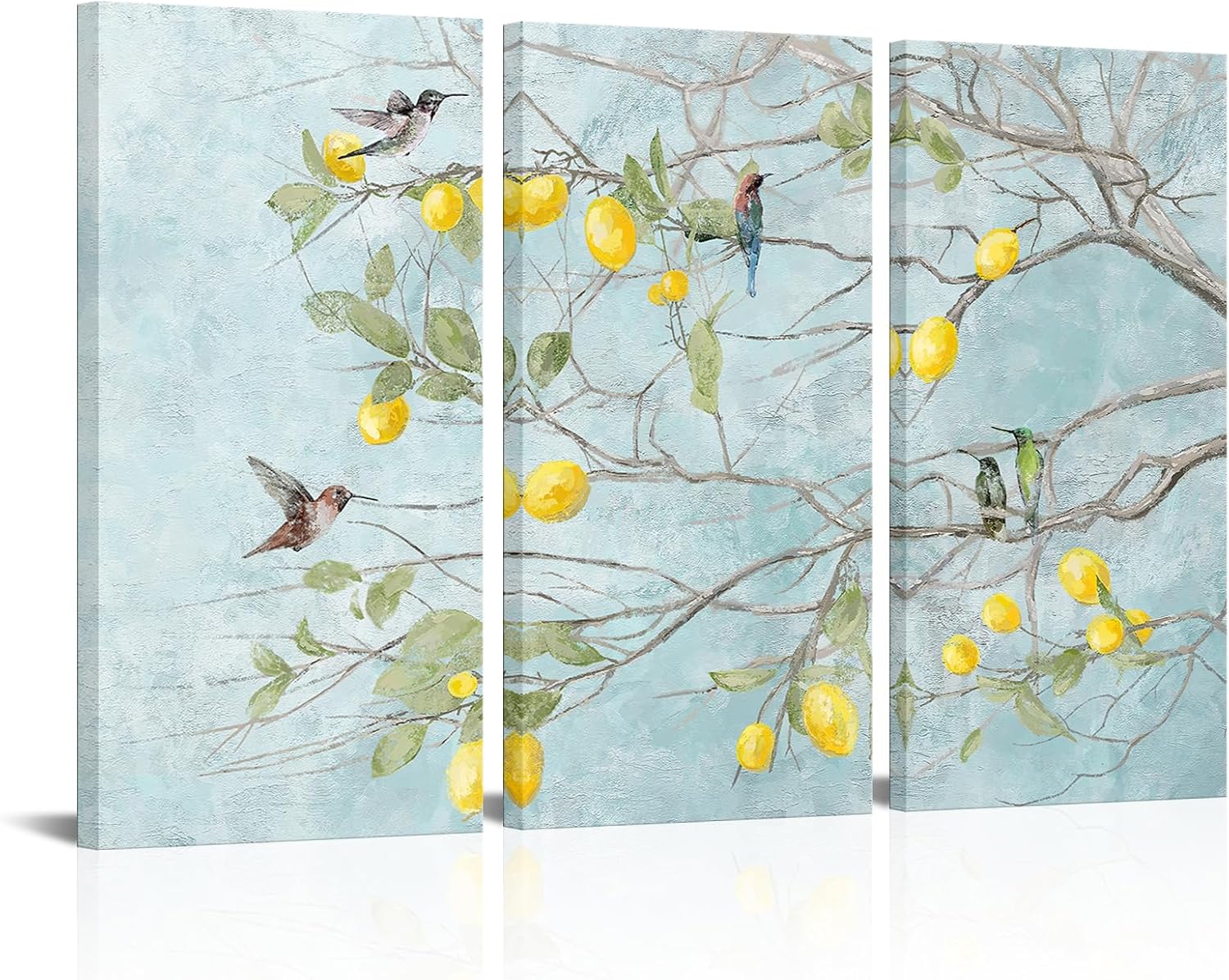 LyerArtork 3 Panels Hummingbird Painting Wall Art Canvas Prints Birds on Lemon Tree Branches Contemporary Rustic Picture Yellow Blue Art for Living Room Kitchen Office 16"x32"x3