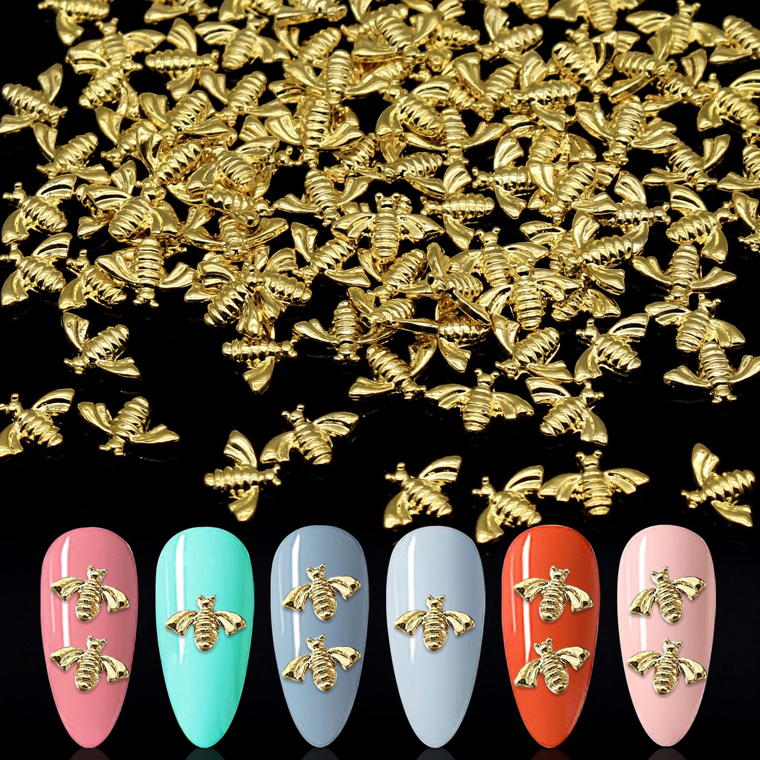 WOKOTO 100pcs Gold Bees Nail Charms- 3D Bees Nail Jewelry for Women & Girls Nails Studs Decorations Accessories Jewels for Acrylic Nails Decorations for Nail Art KIT1 Gold Bees