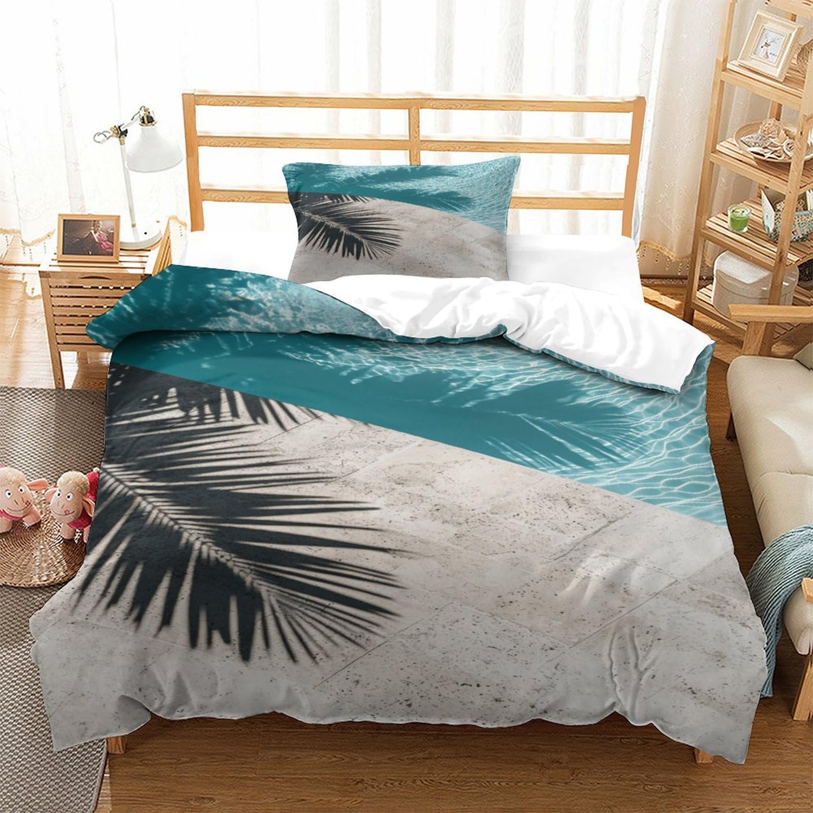 P1s9u7w5y Water Ripple-9 3D Printed Palm Leaf Duvet Cover Set 3Pcs Microfiber Tropical Leaves Bedding Set Single（135X200cm）