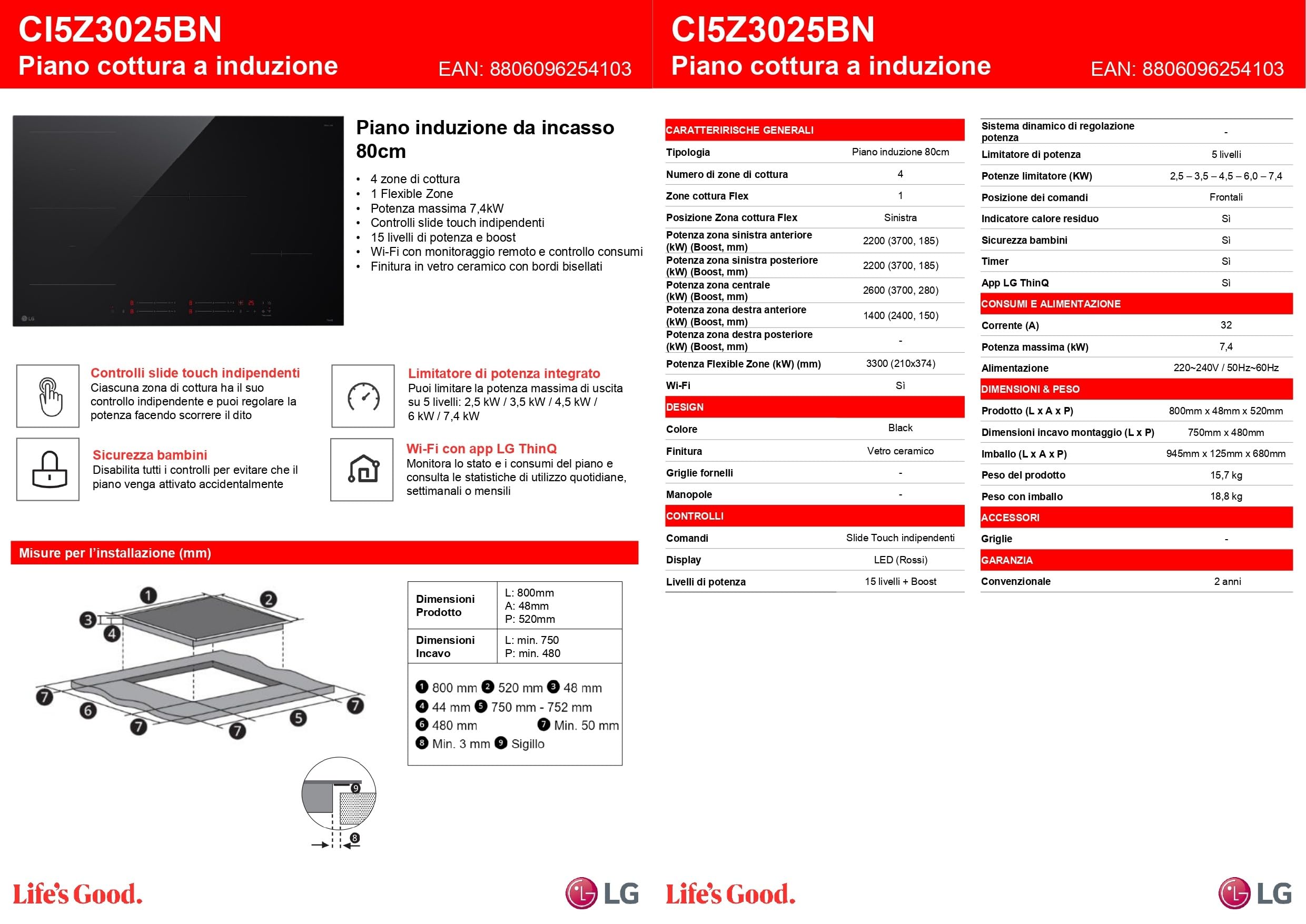LG CI5Z3025BN Piano Cottura Induzione 75 cm, Potenza da 2.5 a 7.4kW, 4 Zone Totali, 1 Zona Flex, 15 Livelli di Potenza + Boost, Controlli Touch Slide Indipendenti, Wi-Fi, Vetro Ceramico, Nero