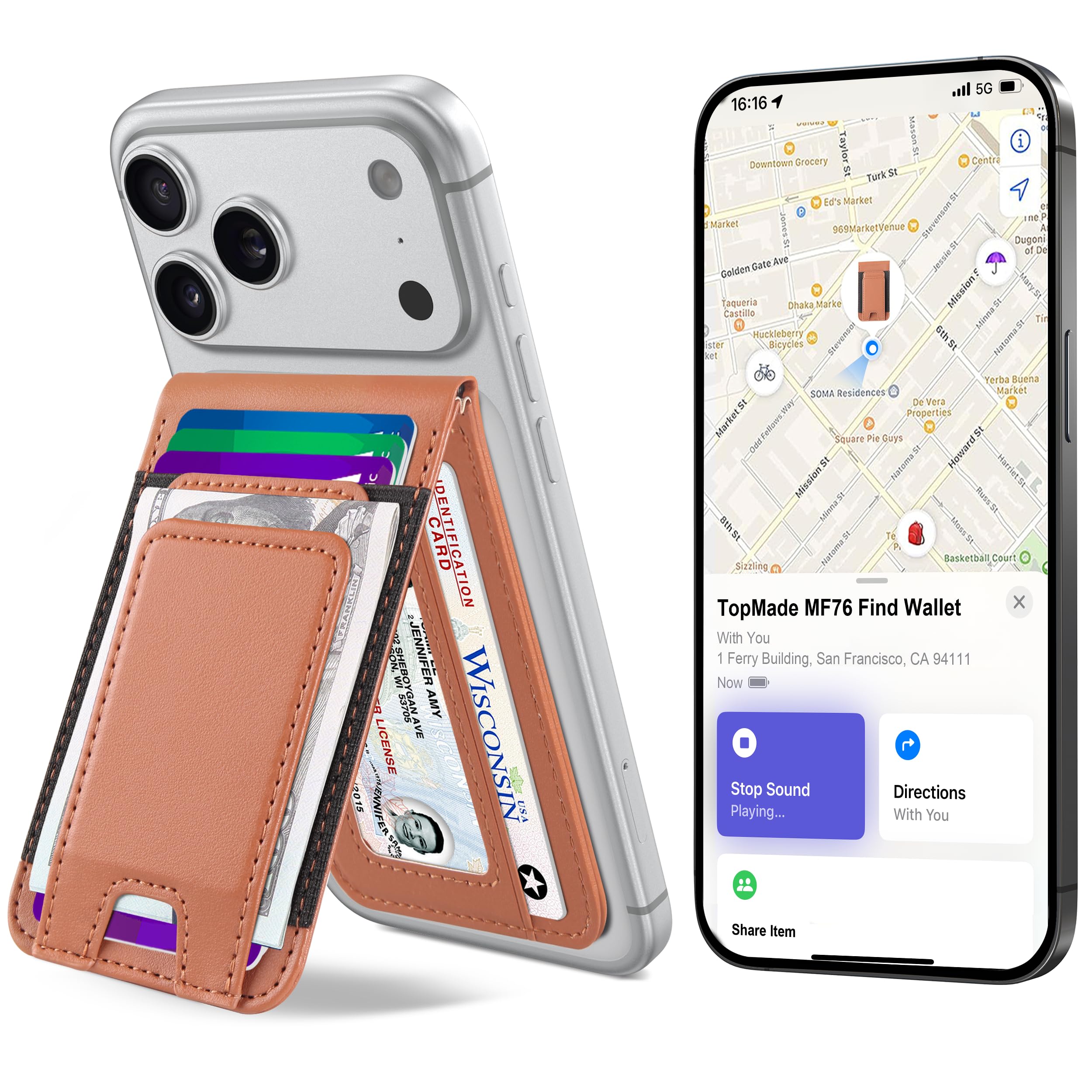 TopMade for MagSafe Wallet Stand with Money Clip, Works with Apple Find My, Magnetic Wallet for iPhone 17/16/15/14/13/12 Series, for iPhone Wallet with Finder Tracker, Black Brown + Black Elastic Band-picture-26