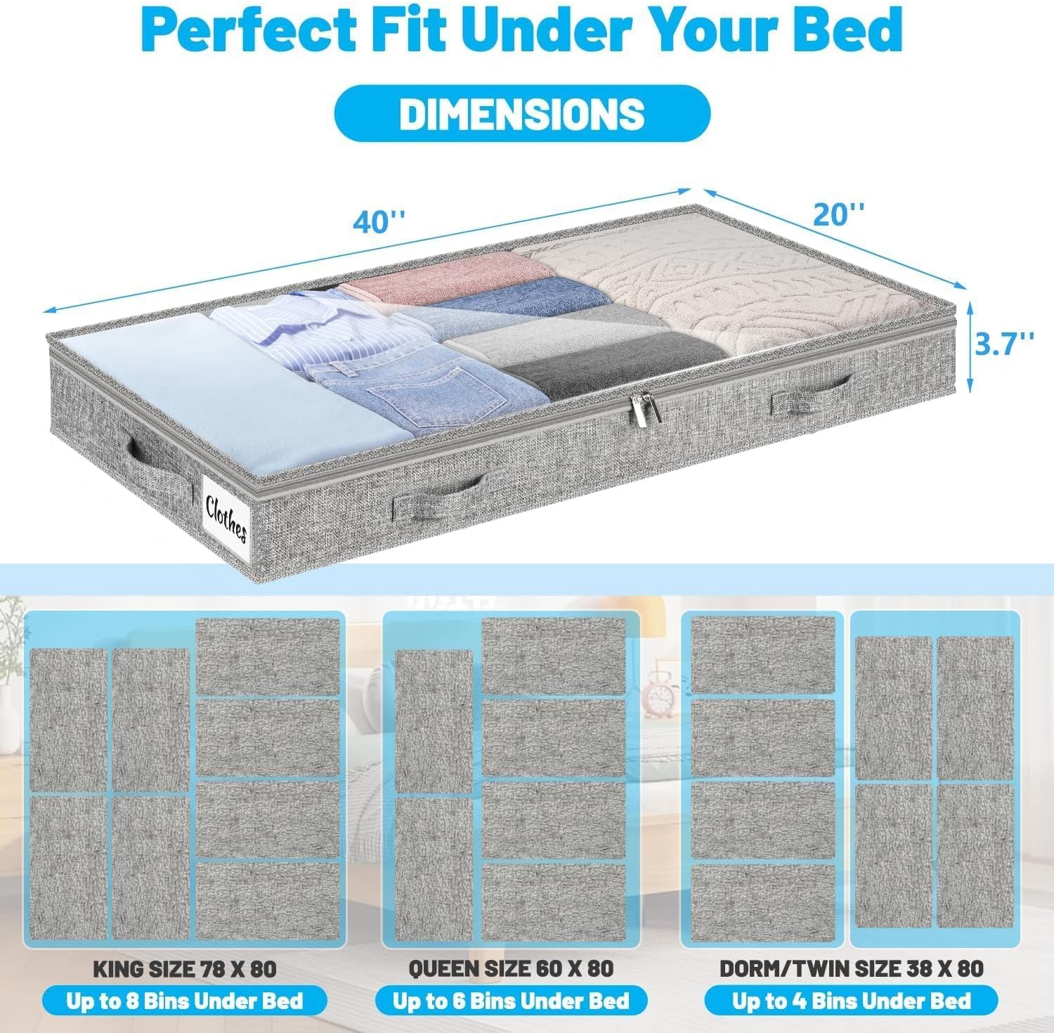 4 Inch Low Profile Under Bed Storage Drawer 2 Pack, Lightweight Underbed Clothes Storage Container Bins with NO STURCTURE, Shallow Storage Bag for Dorm & Home, With Clear Lids & Water-Resistant Fabric - Image 5