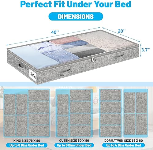 Miniatura 5 de Paquete de 2 cajones de almacenamiento debajo de la cama de 4 pulgadas de perfil bajo, contenedores ligeros para almacenamiento de ropa debajo de la