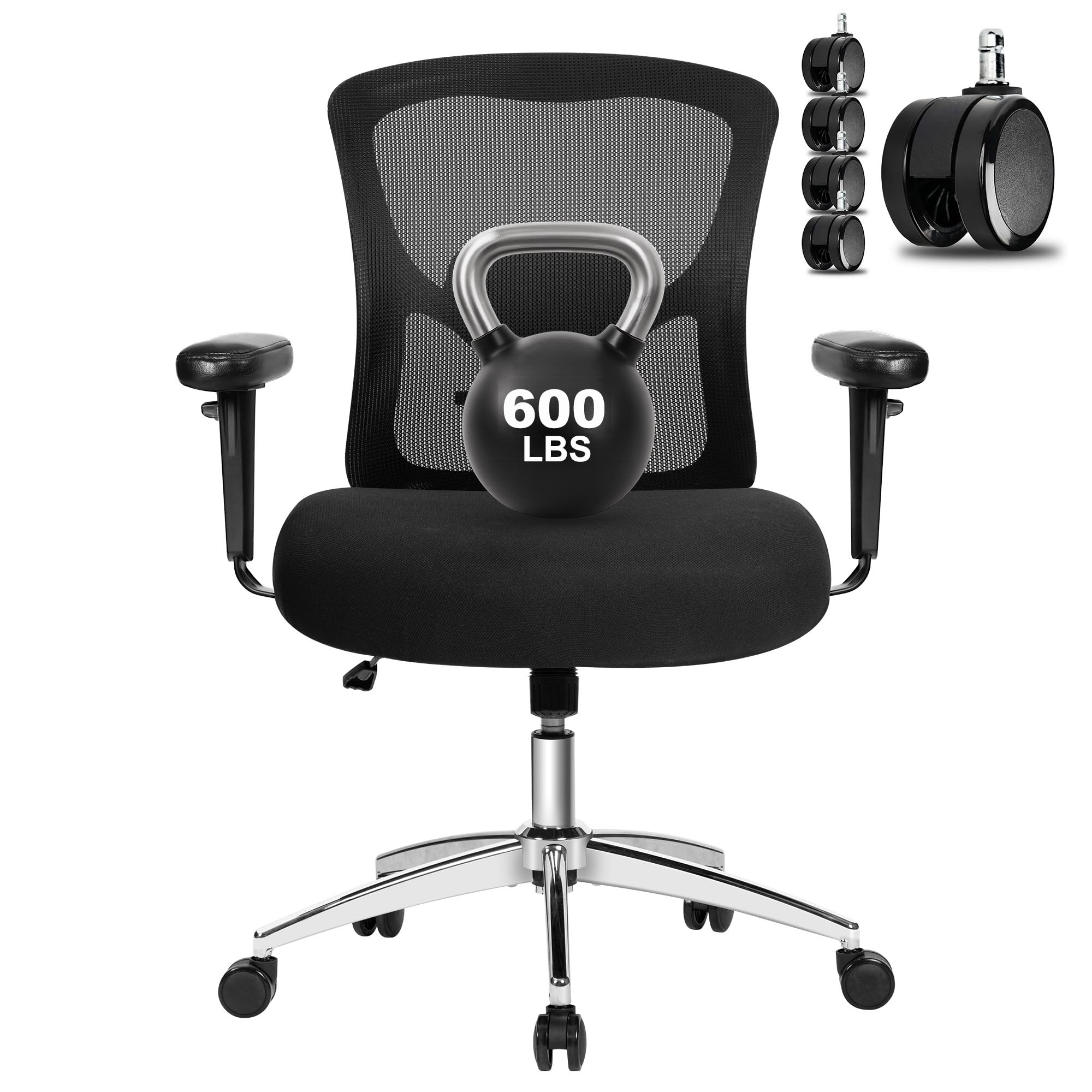 Big and Tall Office Chair 600lbs, Heavy Duty Ergonomic Mesh Chair, Computer Executive Desk Chair with Wide Thick Seat, Adjustable Armrests, Lumbar