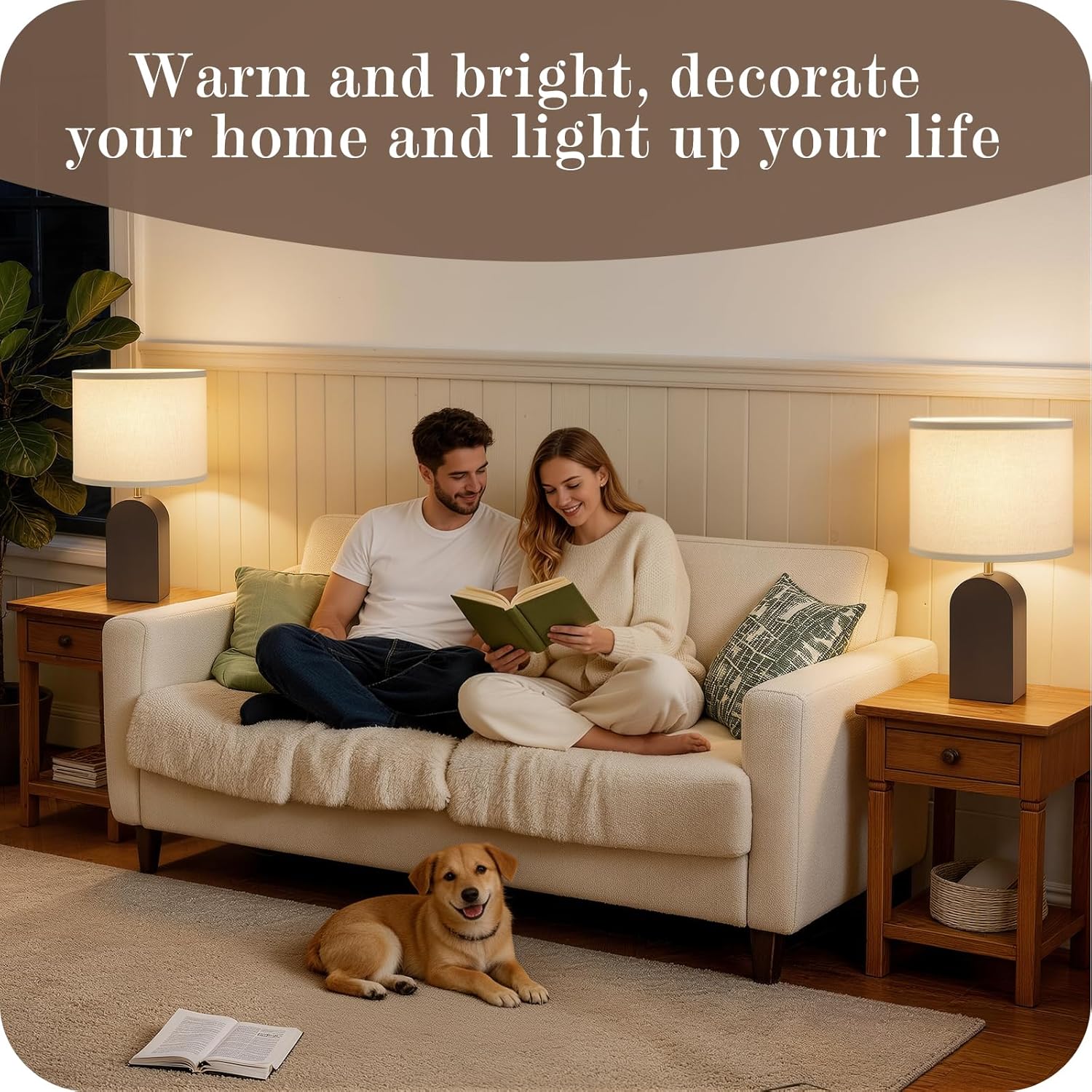 EJIAXIN Wood Table Lamps Set of 2-19" Walnut Farmhouse Bedside Lamp with Adjustable Color Temperatures - Modern Rustic Linen Lampshade Nightstand Lamps for Bedroom Living Room Office, Bulbs Included