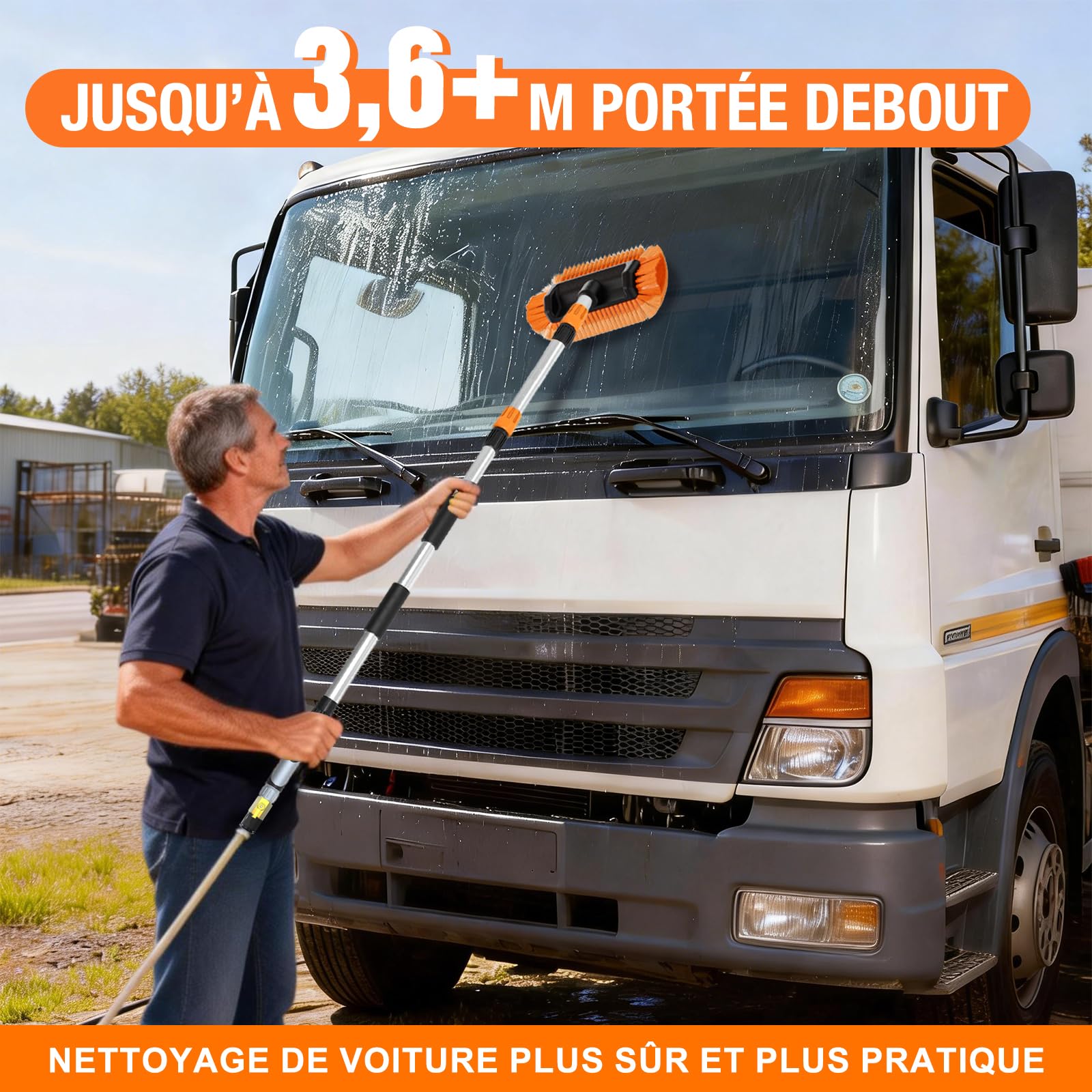 LAANPOLE Brosse Lavage Voiture 3,6m, Brosse Nettoyage Voiture avec Poils Doux 30cm Et Distributeur De Savon, Balai Nettoyage Voiture avec Perche Télescopique pour Camping-Car, Camion, Bateau, Orange