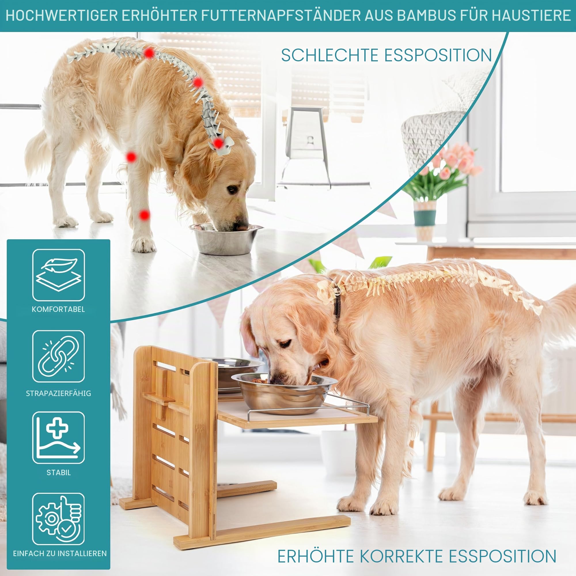 Belle Vous Verstellbarer erhöhter Ständer für Hundefressnäpfe - Höhenverstellbare Hundebar - Fütterungsstation für kleine, mittlere und große Hunde/Katzen - Futterstation Hund