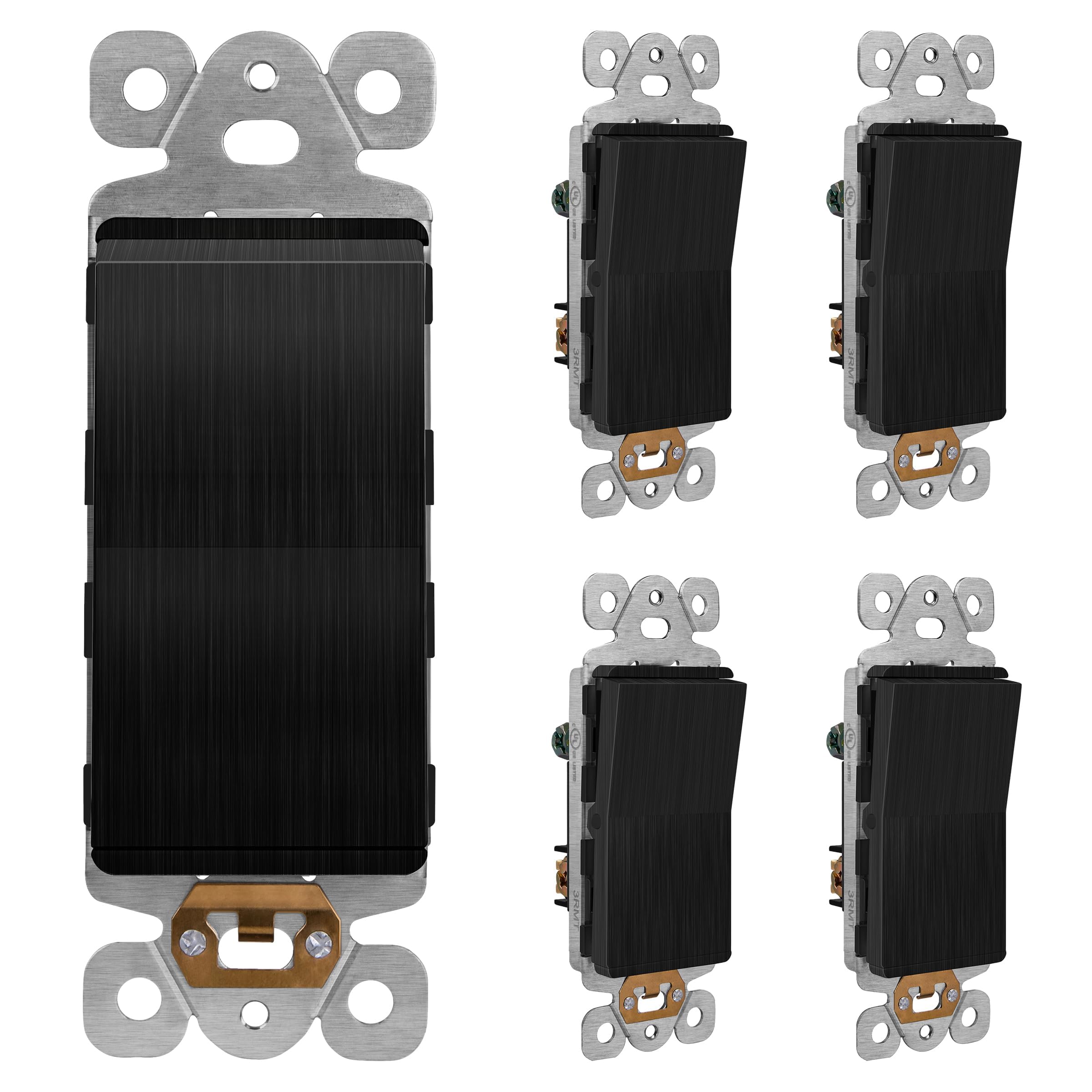 LIDERBrushed Black Minimalist Design Decorator Switch, Frameless Paddle Wall Light Switch, On/Off Rocker Switch, 3-Way or Single Pole, Residential Grade, UL Listed, 3 Wire, 15A 120-277VAC, 5 Pack