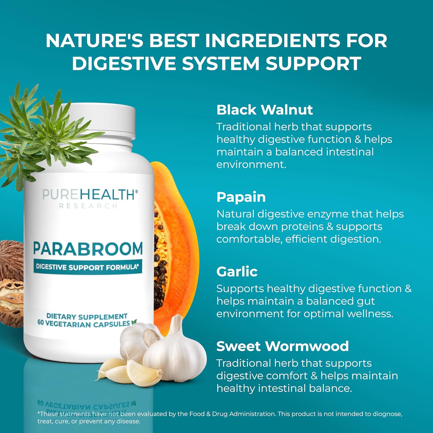 PUREHEALTH RESEARCH Parabroom - Gut Cleanse & Health Supplement - with Black Walnut, Sweet Wormwood Powder, Turmeric Extract, Olive Leaf, Garlic & Onion - Digestive Support for Women & Men 60 Capsules - Image 3