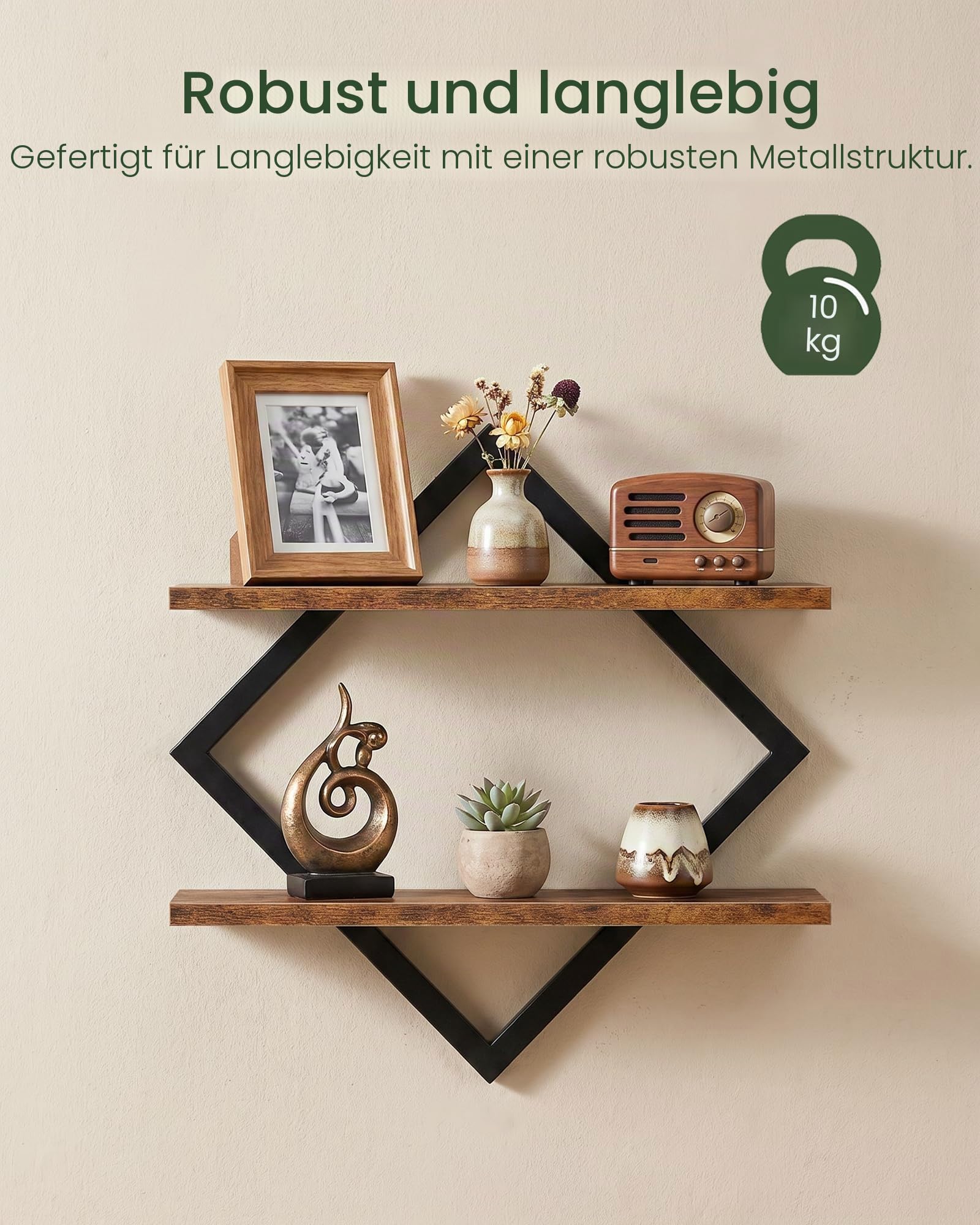 CHOEZON Wandregal, 2er-Set, Schweberegal, 2-stöckige Hängeregale, für Wohnzimmer, Schlafzimmer, Küche, Büro, Rustikales Braun und Schwarz DTBJ01P2BF