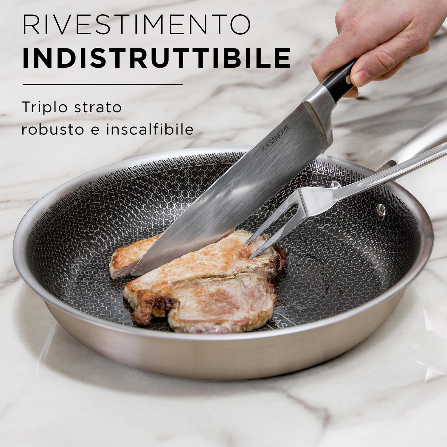 KASANOVA Batteria pentole Tri-ply, Set pentole e padelle in acciaio inox triplo strato, Pentole antiaderenti induzione e tutti i piani cottura, forno fino a 220 °C (7 pezzi)
