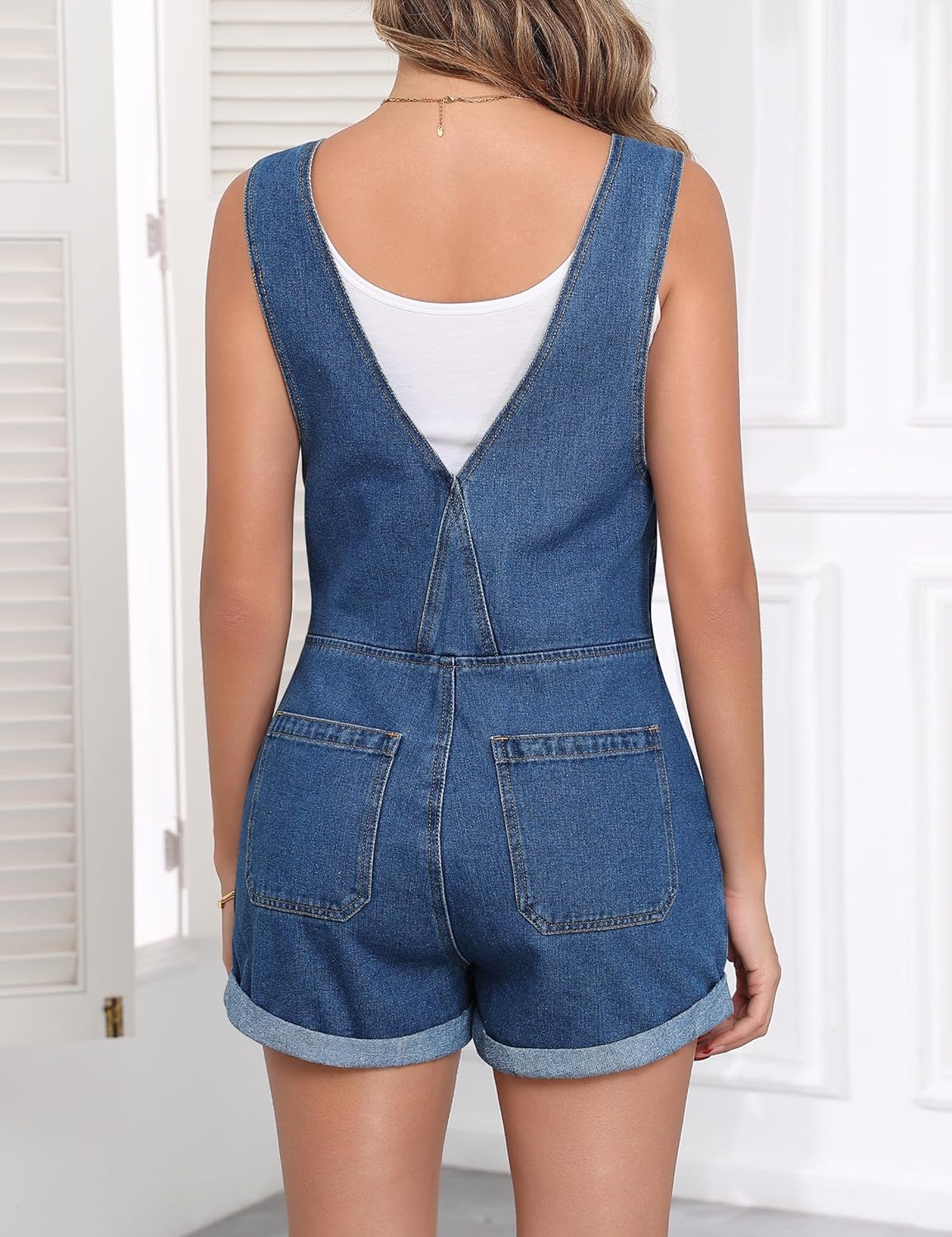 Womens Romper Summer Denim Overall Shorts for Women Sleeveless Casual Loose Fit Jean Jumpsuit with Pockets - Image 2