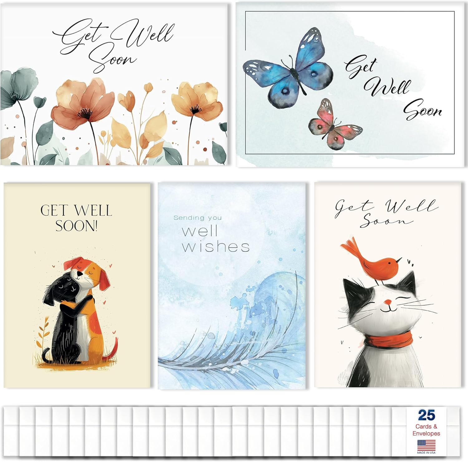 Get Well Soon Cards with Envelopes for Business & Family (Flowers) Bulk 25 Pack of Thoughtfully Designed Recovery Cards with Envelopes (5x7 inch - A7) Office, Work, Employees & Clients (GW2402)