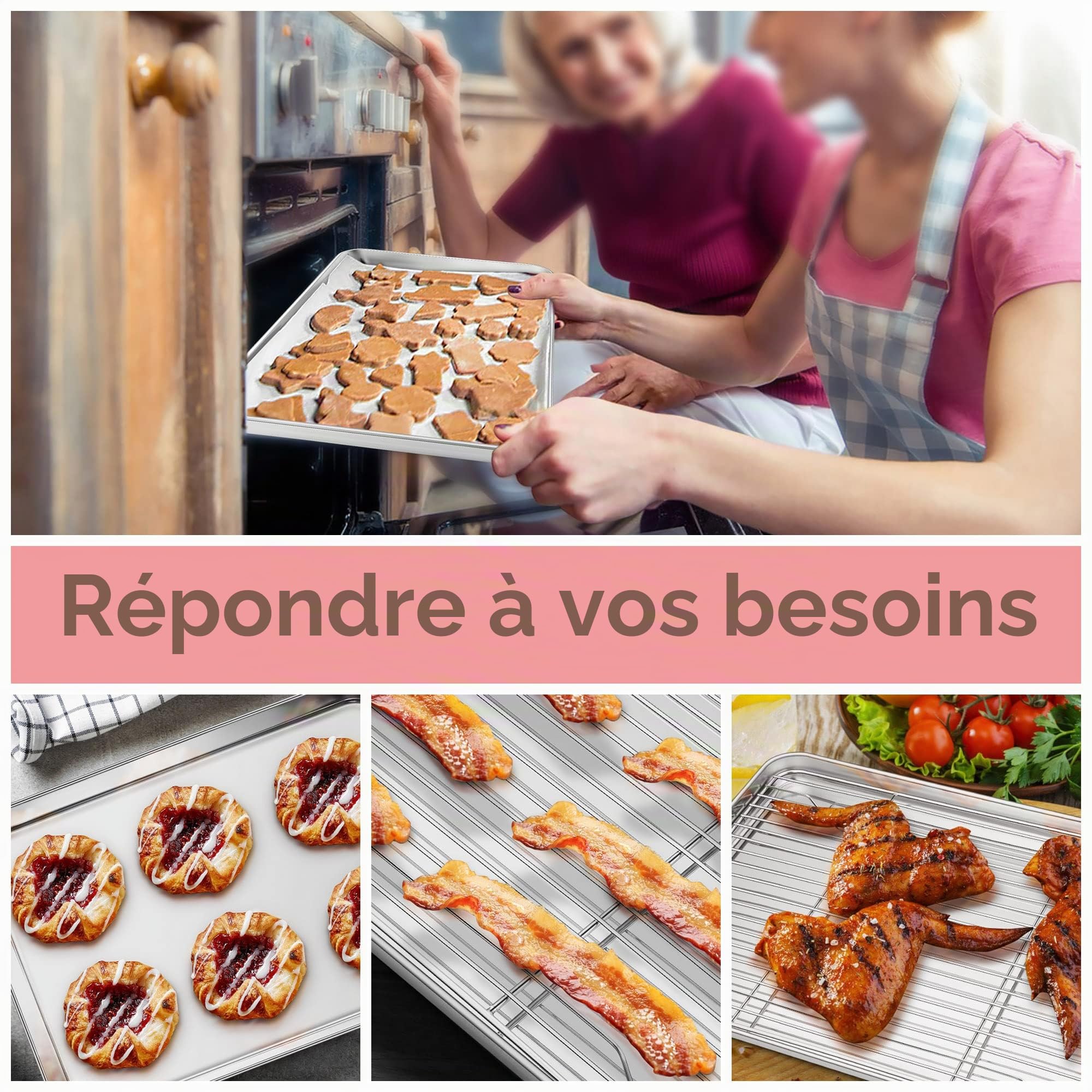 Joyfair grande Plaque de cuisson en acier inoxydable avec grille de refroidissement et à gâteau, 40 x 30 x 2,5 cm, pour rôti/refroidissement