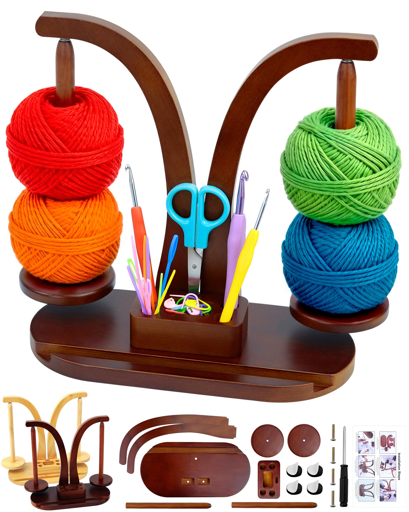 FIVEIZERO Double Magnetic Yarn Holder for Crocheting and Knitting, 360° Rotating Wooden Yarn Spinner with Phone Stand & Magnetic Storage Box, Ideal Gift for Knitting Lovers (Walnut Brown)