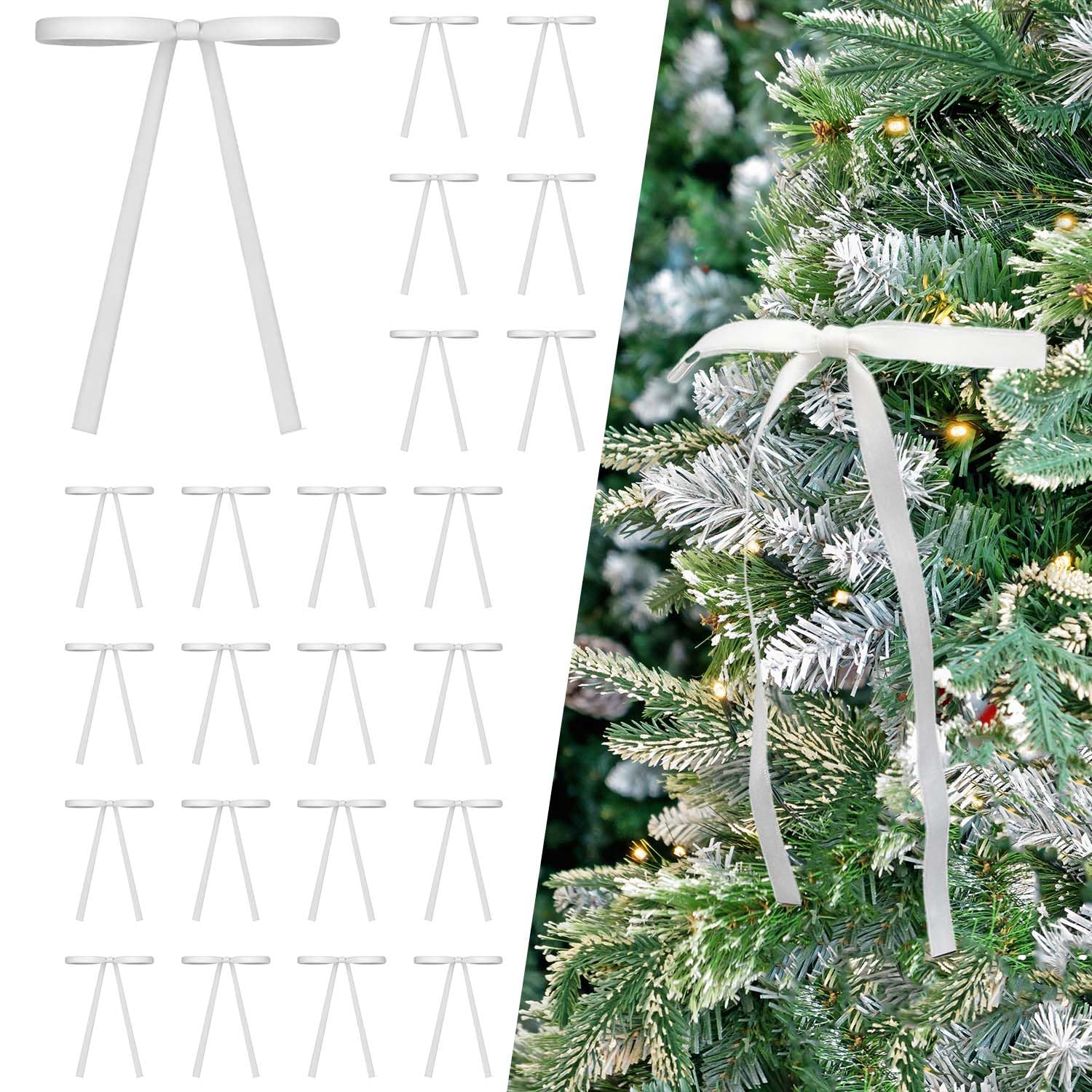 24 Pcs White Velvet Bows Ornaments for Christmas Tree, Vintage Rustic Elegant Velvet Christmas Bows Tree Decorations, Indoor Home Decor for Wreath Mantle Gift Wrap Holiday Decor, 3/8'' W, 5 * 7 inch
